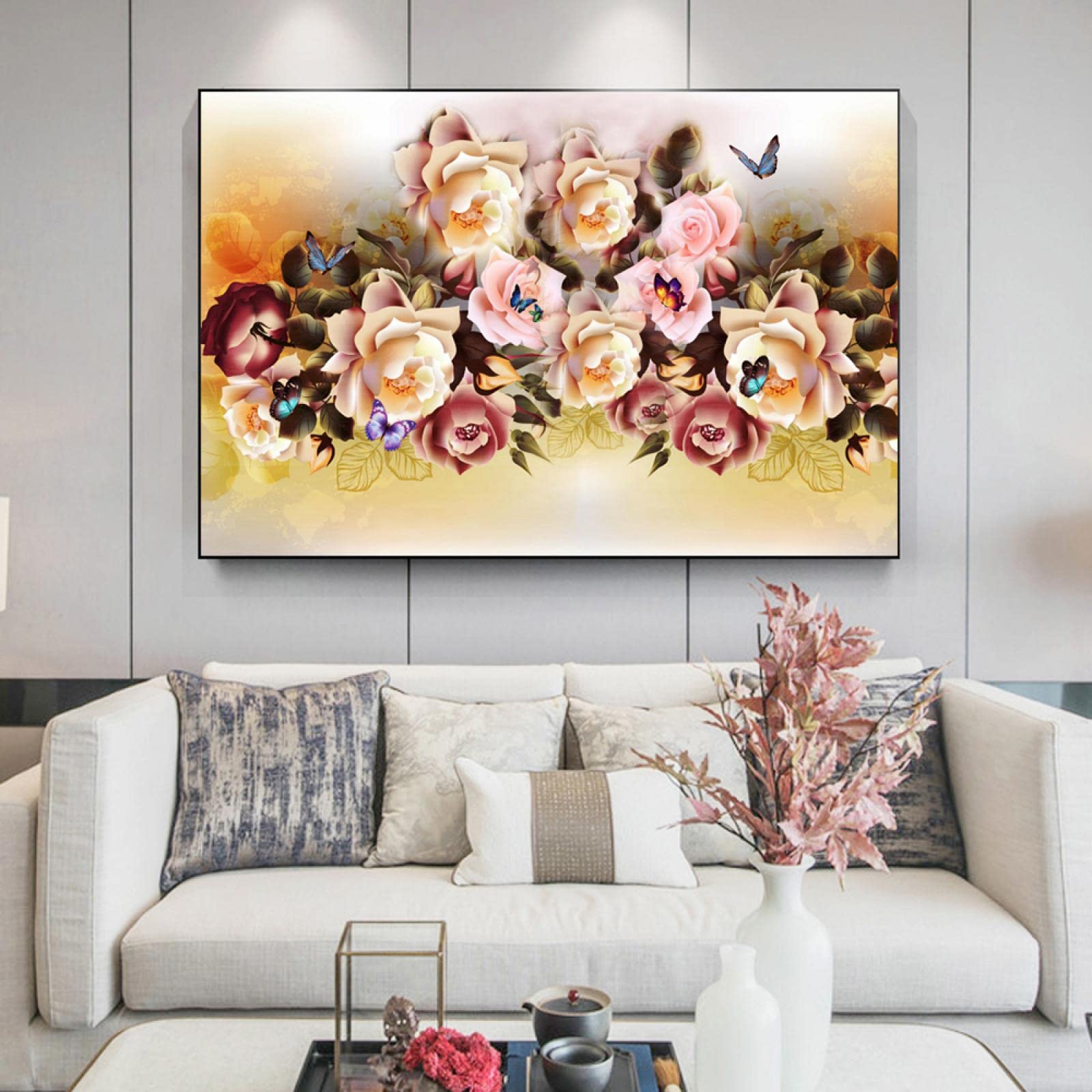 Tableau papillon et fleurs abstraites 70x100 cm | KEBIA - 8