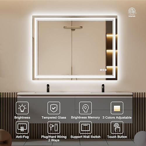 Miniatura 100 de Espejo de baño LED de 40 x 32 pulgadas, luz frontal y retroiluminada, antiniebla, regulable, espejo de tocador iluminado con memoria, espejo LED