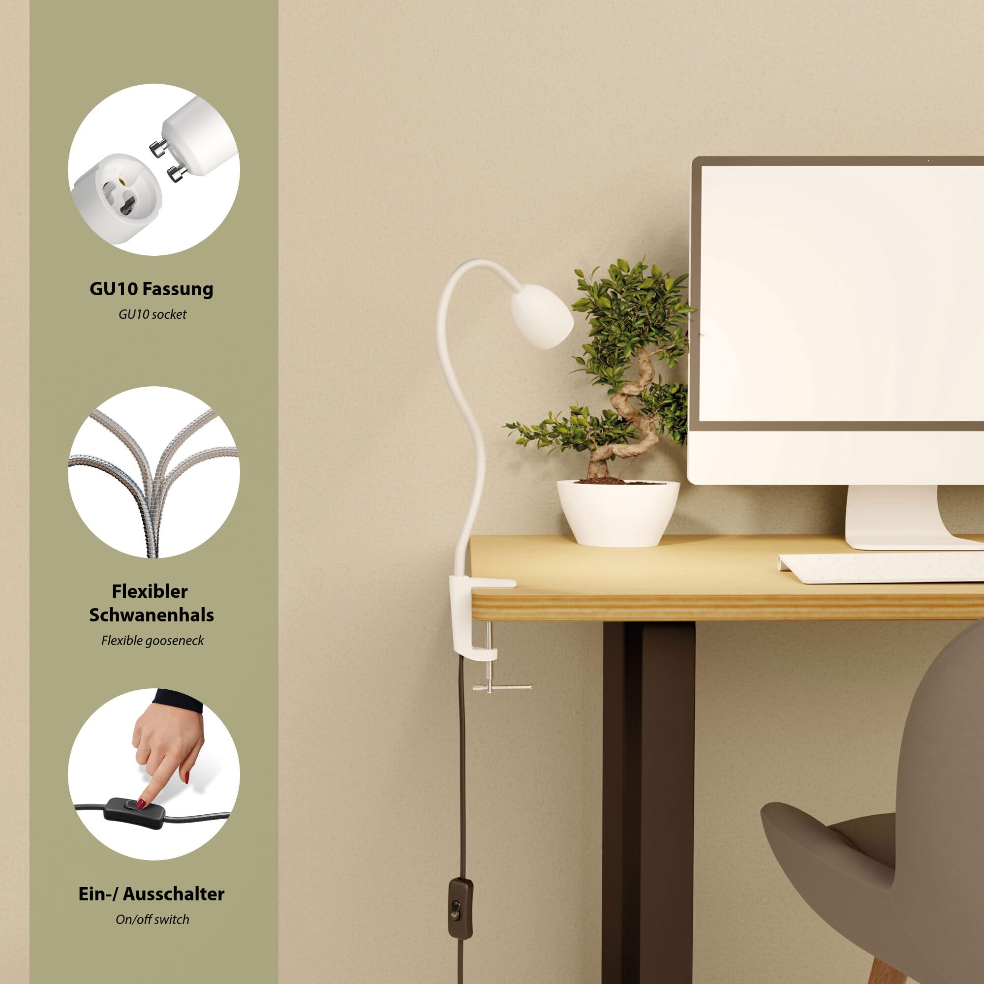 ledscom.de Lampa zaciskowa, gęsia szyja KLUK, przełącznik, biały mat, 1x GU10 maks. 60W