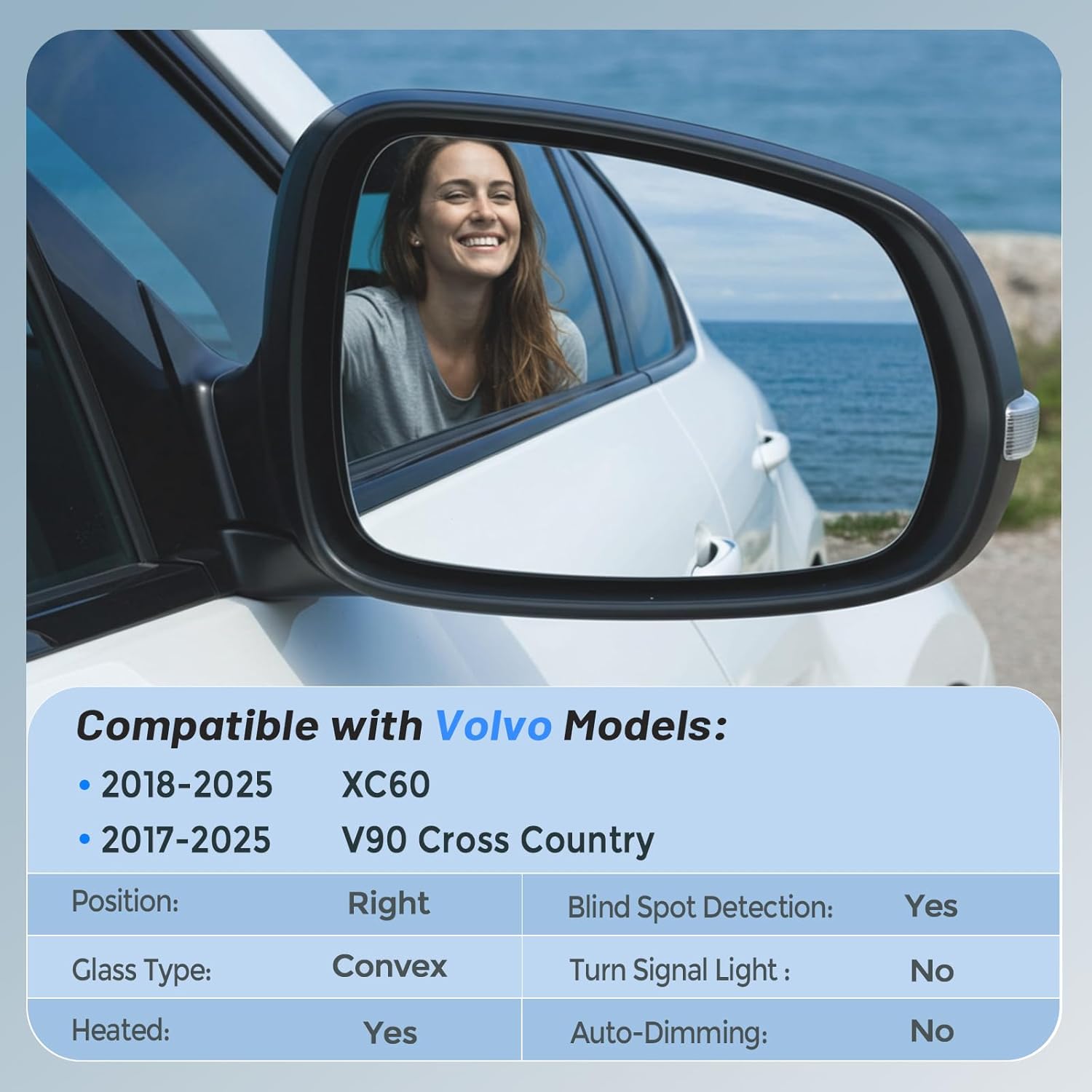 Passenger Side Mirror Glass Replacement for Volvo Vehicles - 2018-2025 XC60, 2017-2025 V90 Cross Country, with Heated/Blind Spot Detection, without Auto Dimming, Replace# 314626714, VO132510