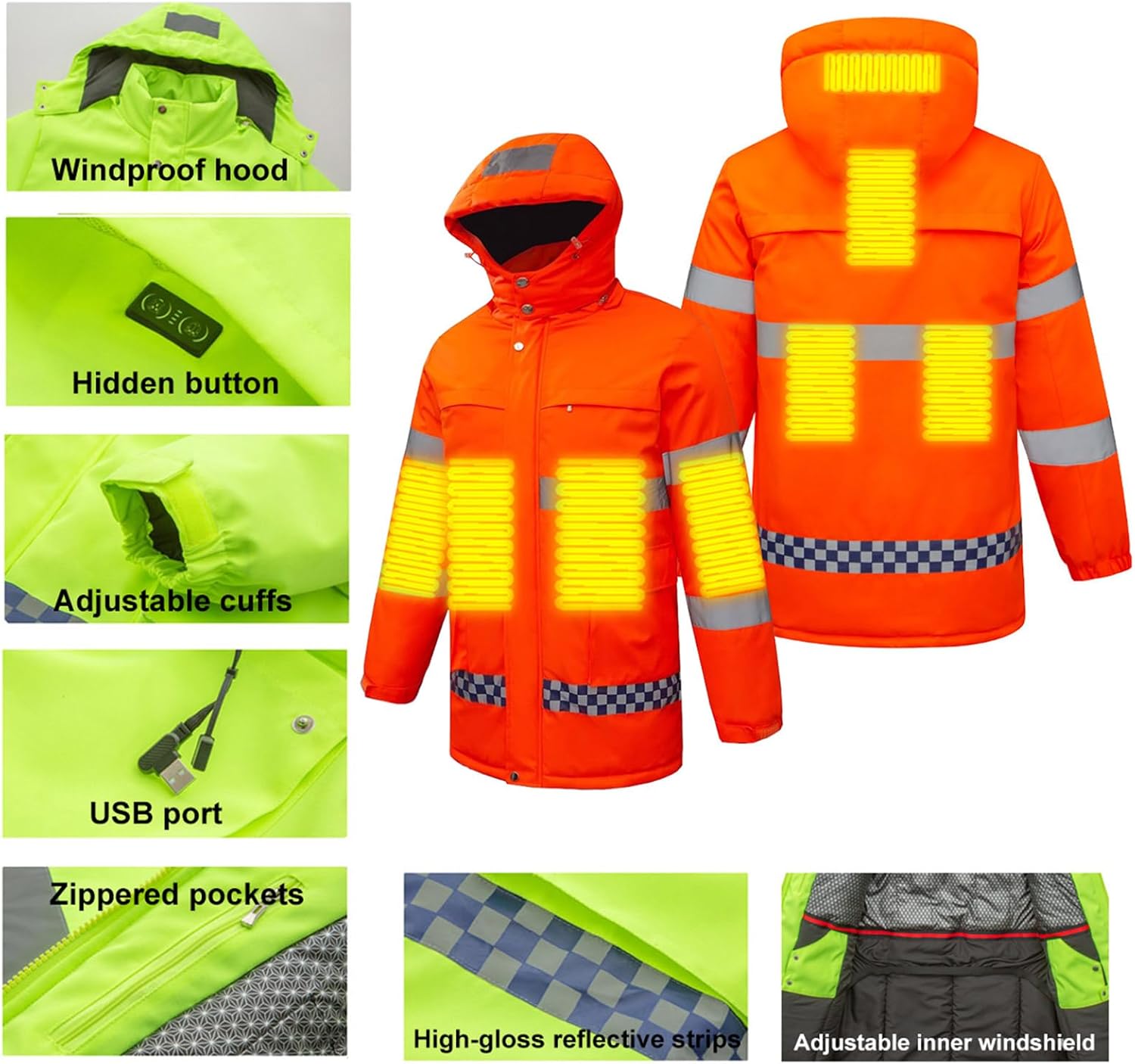 USB Electric Heated Jackets Men Women, 8 Heating Zones, High Visibility Reflective Safety Jackets, Unisex(No Battery)