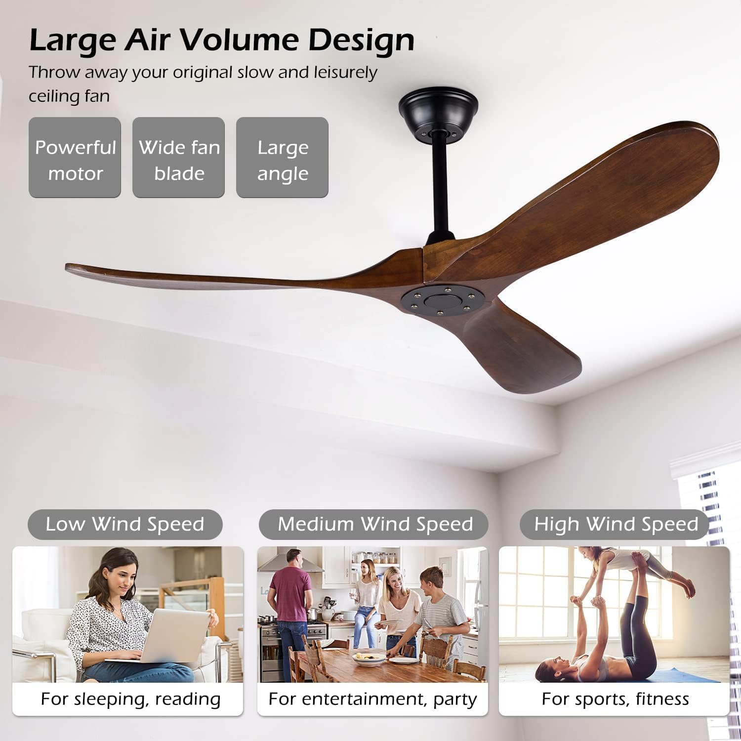 52 Inch Ceiling Fan No Light T2 ，Wood Outdoor Ceiling Fans for Patios Living Room Bedroom 3 Blade Propeller Modern Ceiling Fan Without Light with remote Control(Walnut)