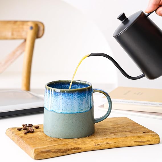 Mkour 20oz Large Ceramic Coffee Mugs, Handmade Cup, Big Tea Cups with Large Handle for Office and Home, Microwave and Dishwasher Safe (Blue Grey)