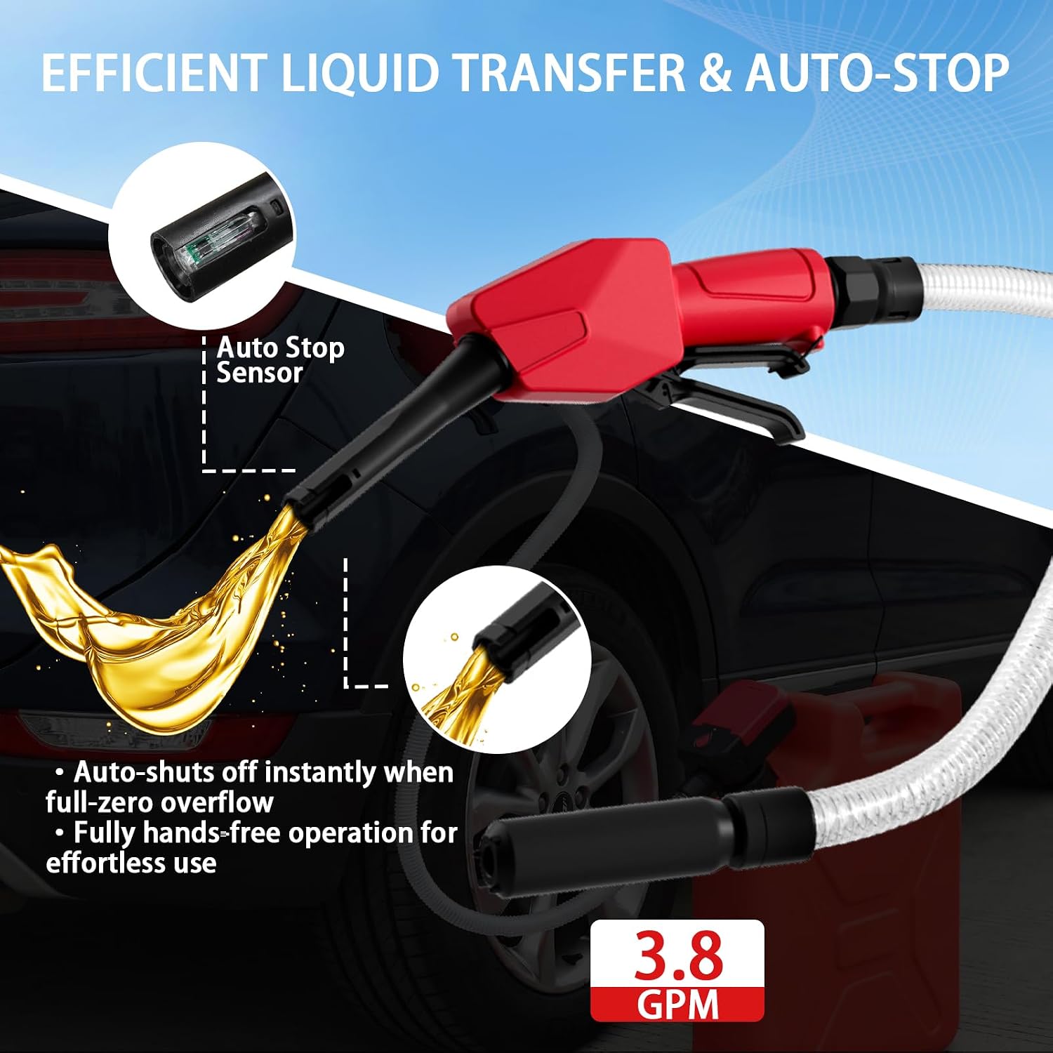 Redane 3.8GPM Electric Fuel Transfer Pump with Auto-Stop & Hand Nozzle | Automatic Cordless Fuel Transfer Pump Battery Powered with 59" Hose & 5 Adapters, Portable Gas Can Pump for Gasoline, Diesel