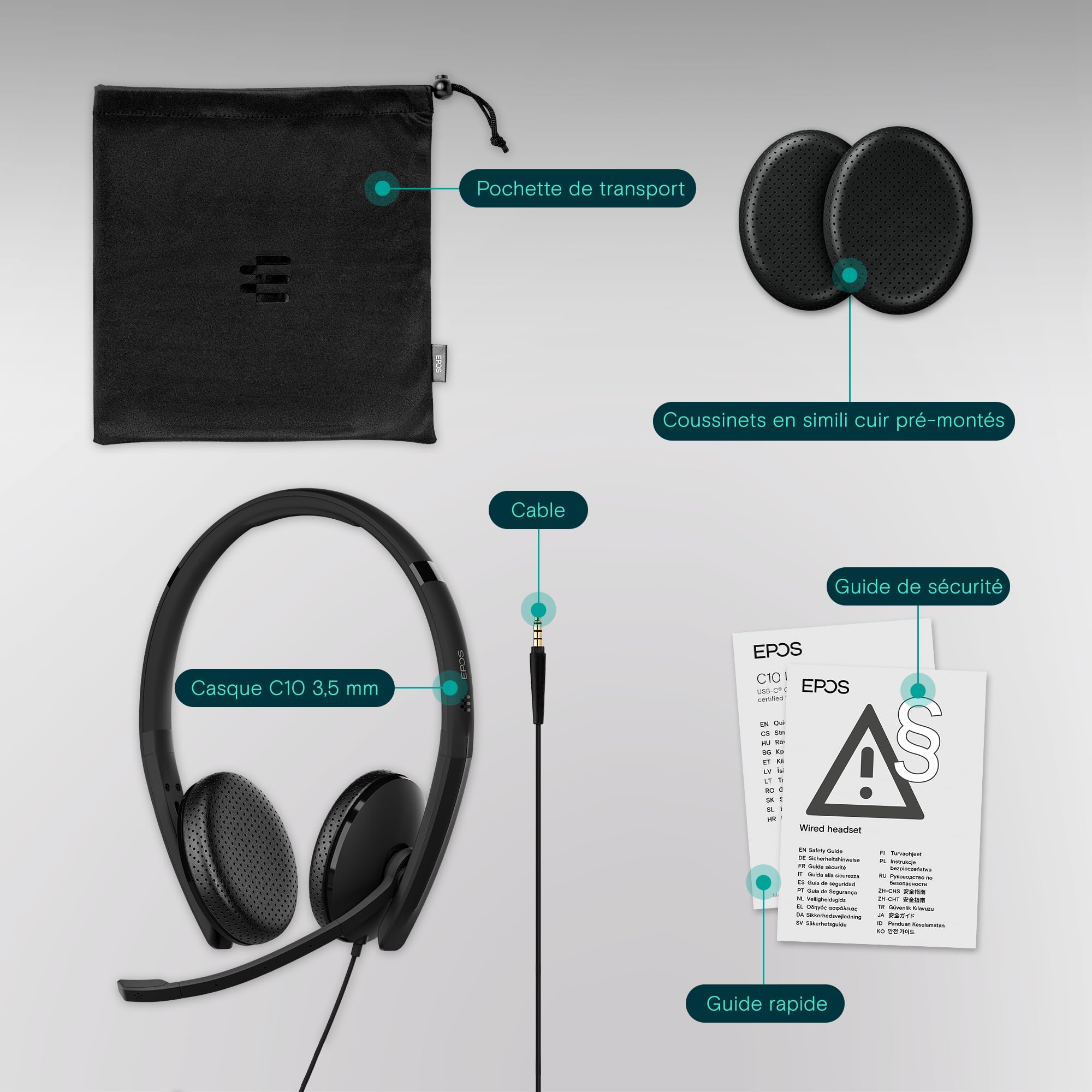 EPOS Casque Filaire C10 3,5 mm: Son Stéréo Supérieur, Design Élégant, Prêt-à-l'emploi, Micro Anti-Bruit, Compatible Chromebook