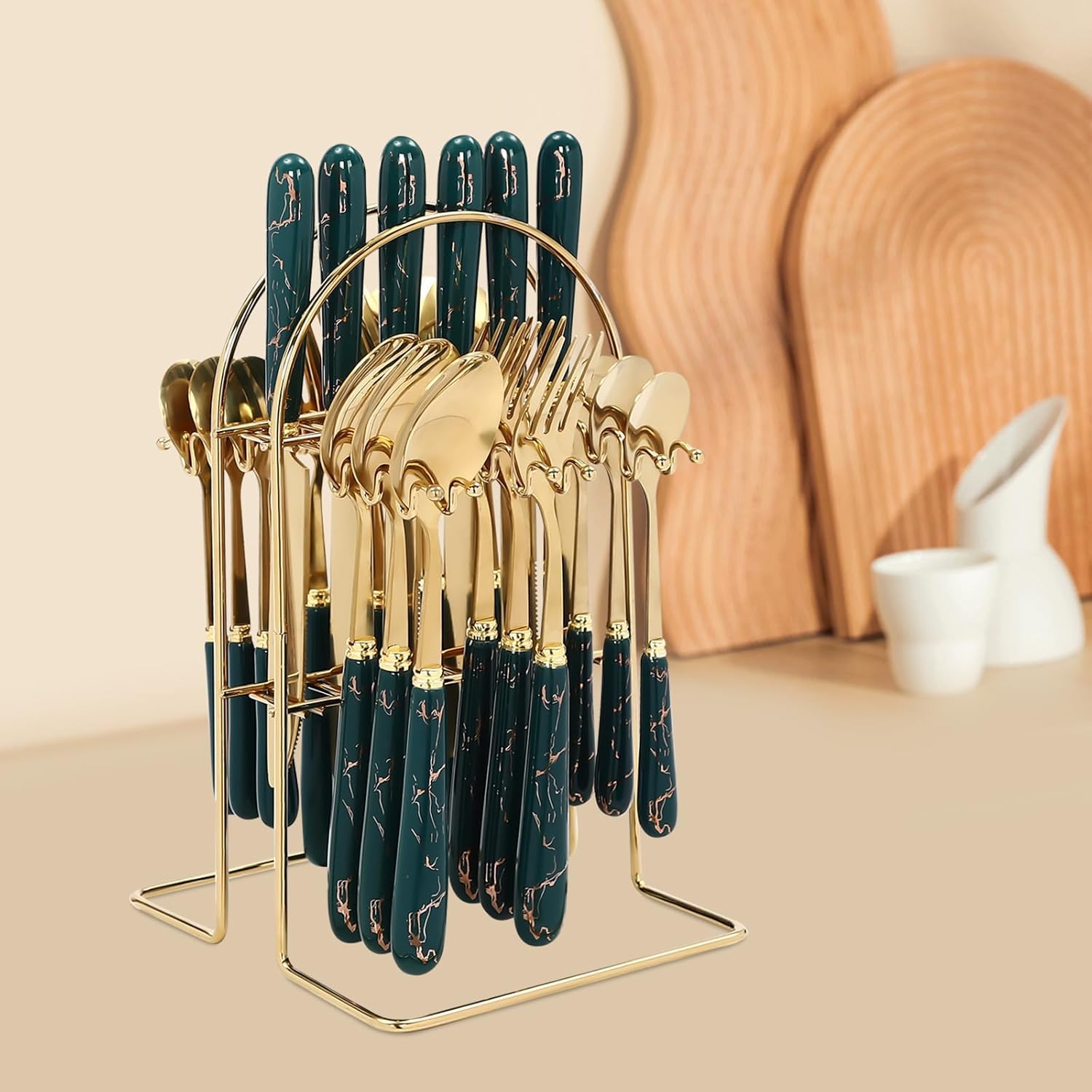 Ensemble de Couverts, Jeu de Couverts 24 pièces, Ensemble de Couverts en Acier Inoxydable avec Support de Suspension pour 6, Couteau à cuillère et Ensembles de Fourche pour la Cuisine à domi