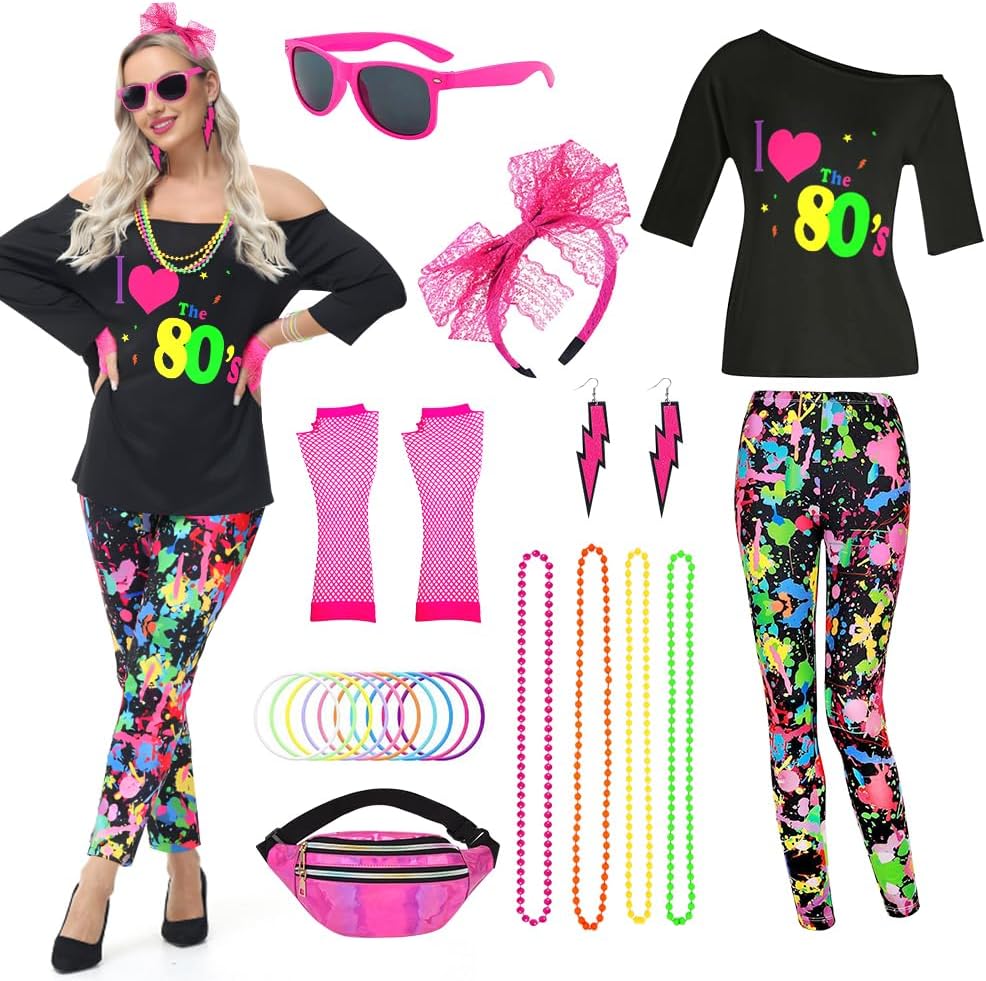 – 80s Costume Outfits for Women,1980s Fancy Dress with T Shirt,Adult Lace Headband Neon Earrings Necklace Fishnet Gloves Bracelet,Neon Costume for Retro Disco Party Carnival Party Halloween
