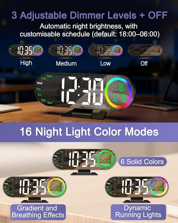Mirror Digital Alarm Clock, 8.5in Bedside Alarm Clocks with 16 RGB Light Modes, 4-in-1 (Time, Date, Temperature, Week), Dual Alarm & Snooze, Dimmable, digital Led clock for Bedroom