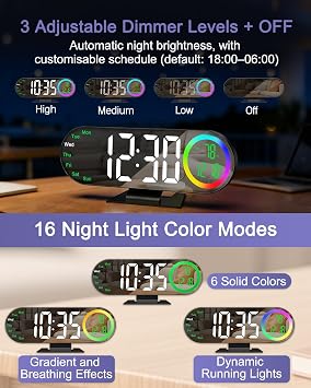 Mirror Digital Alarm Clock, 8.5in Bedside Alarm Clocks with 16 RGB Light Modes, 4-in-1 (Time, Date, Temperature, Week), Dual Alarm & Snooze, Dimmable, digital Led clock for Bedroom