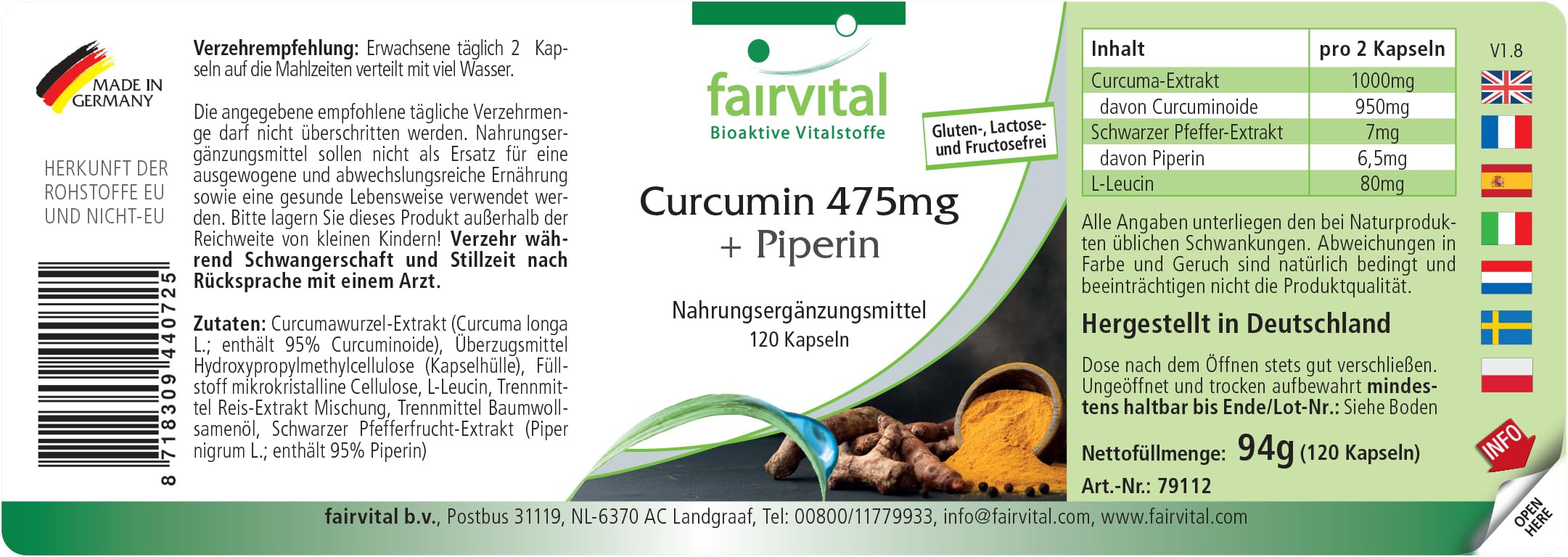 fairvital Gélules de curcuma, 500mg d'extrait de curcuma par gélule, 120 gélules, HAUTEMENT DOSÉES, curcumine 95% avec biopérine (pipérine)