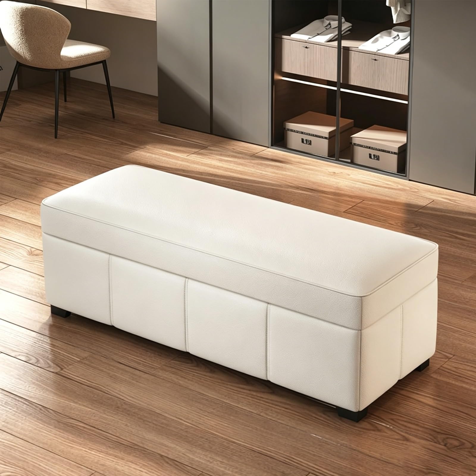 Banc ottoman en cuir blanc crème de 80cm avec rangement coffre relevable en bois pour l'entrée