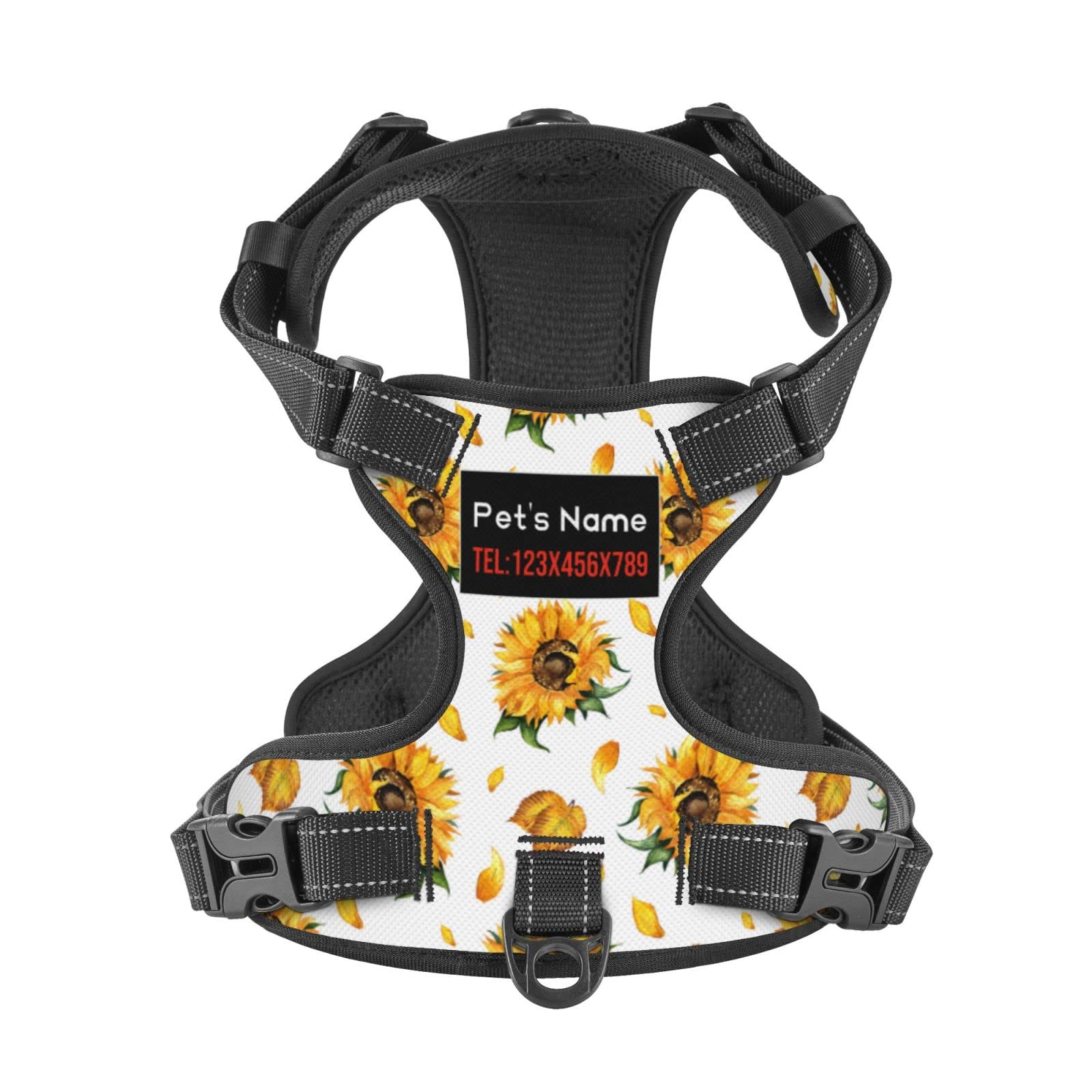Custom No Pull Dog Harness, Personalized Watercolor Sunflower Leaves Dog Vest with Pet Name Phone Number, Customized Adjustable Reflective Pet Harness