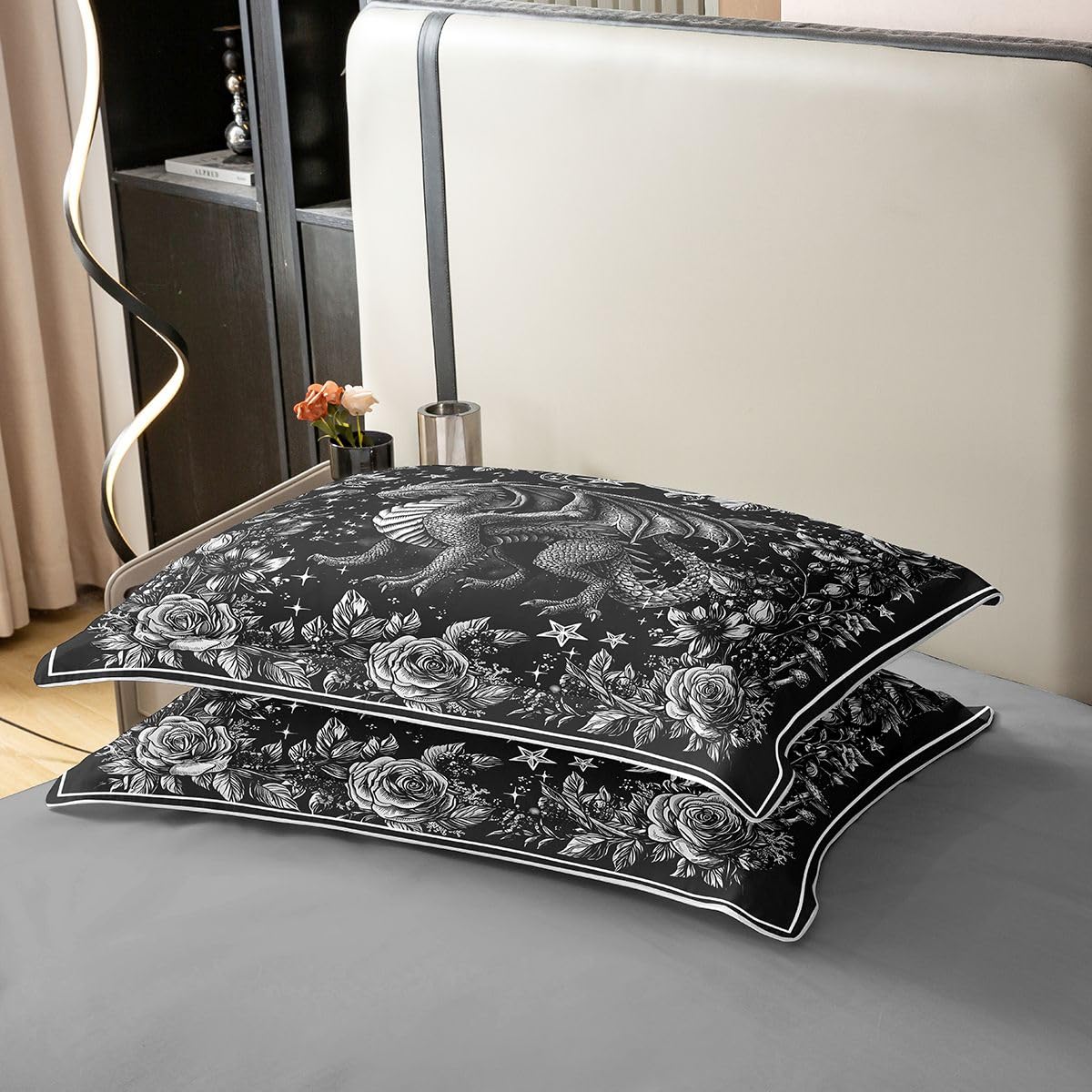Drache Baumwolle Bettwäsche Set 135x200cm Personalisierte Drache Bettwäsche-Set Atmungsaktiver weiche Wilde Tier Thema Bettbezug Set 2Stück Rose Schlafzimmer Dekoration Mond