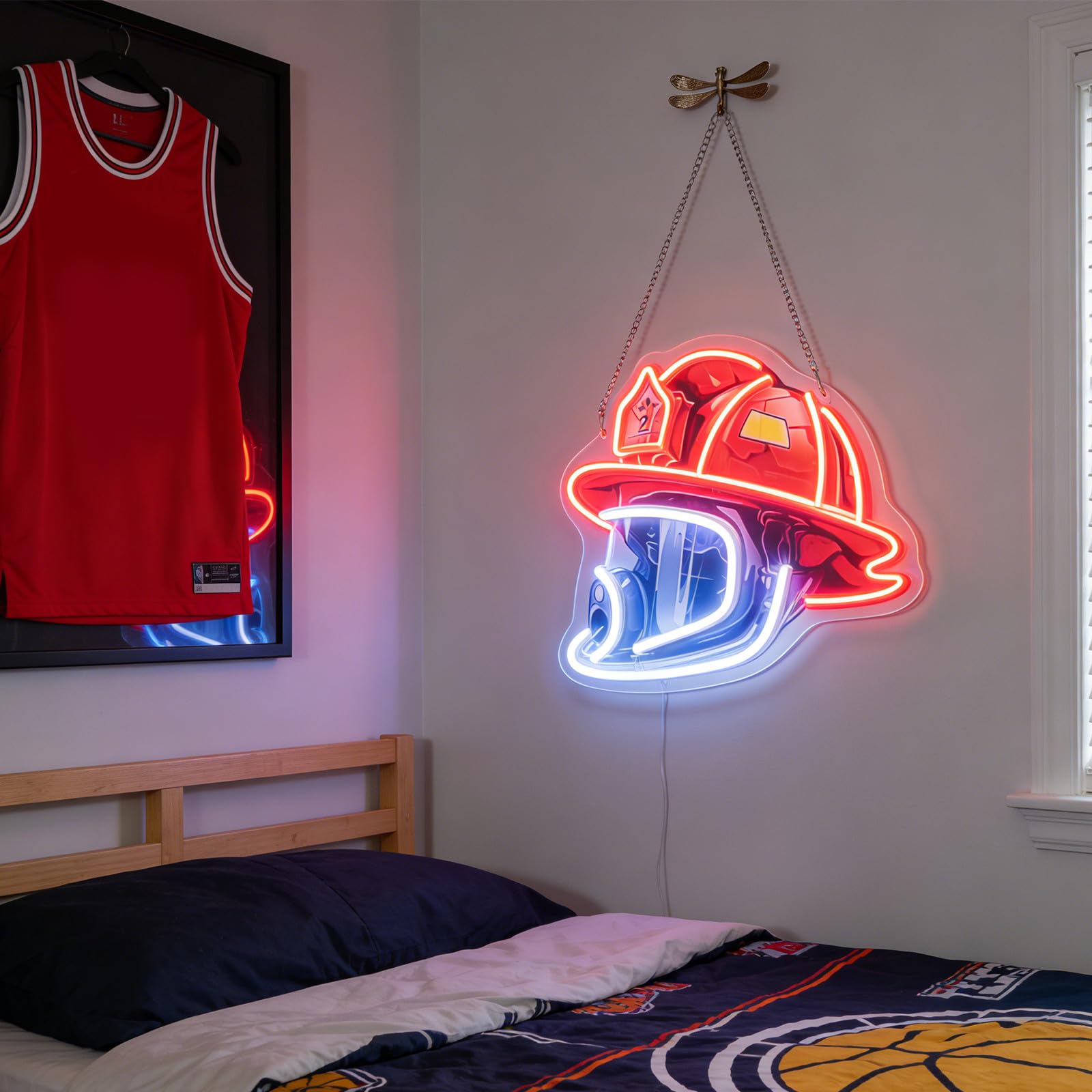 KICHOUSE Neonowa lampa LED z hełmem strażaka - dekoracja ścienna z podświetlanym hełmem strażaka - ściemnialna lampka nocna do baru, garażu, sypialni i remizy strażackiej