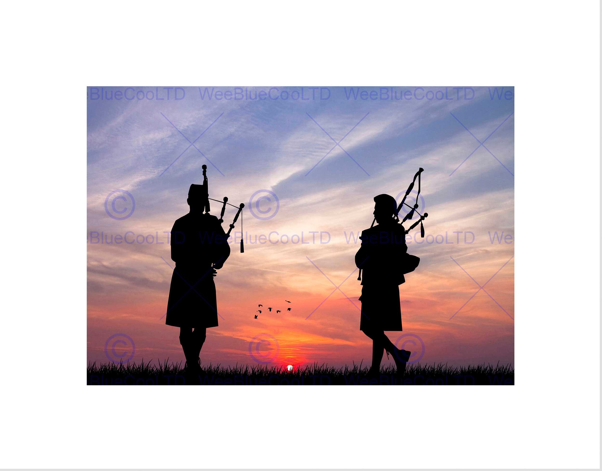 Wee Blue Coo PHOTO MOCK UP SILHOUETTE SUNSET SCOTTISH PIPER FRAMED ART PRINT MOUNT B12X13336