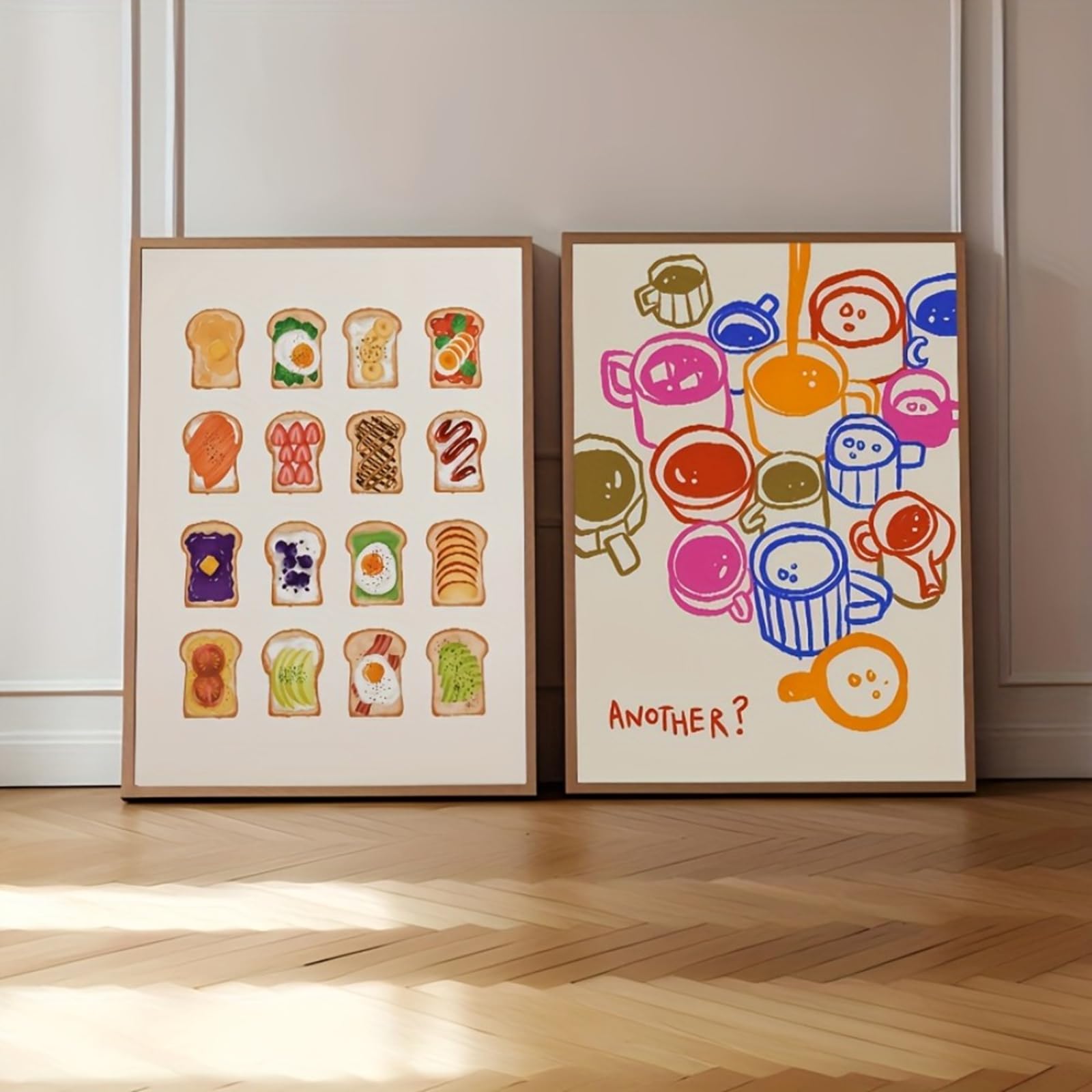 ZBELLO Set of 2 Posters, Toast for Breakfast, Colourful Coffee Kitchen Wall Art Print, Vintage Pictures for Kitchen and Living Room Decor, Kitchen Aesthetic Decor, Unframed (40x50cm)