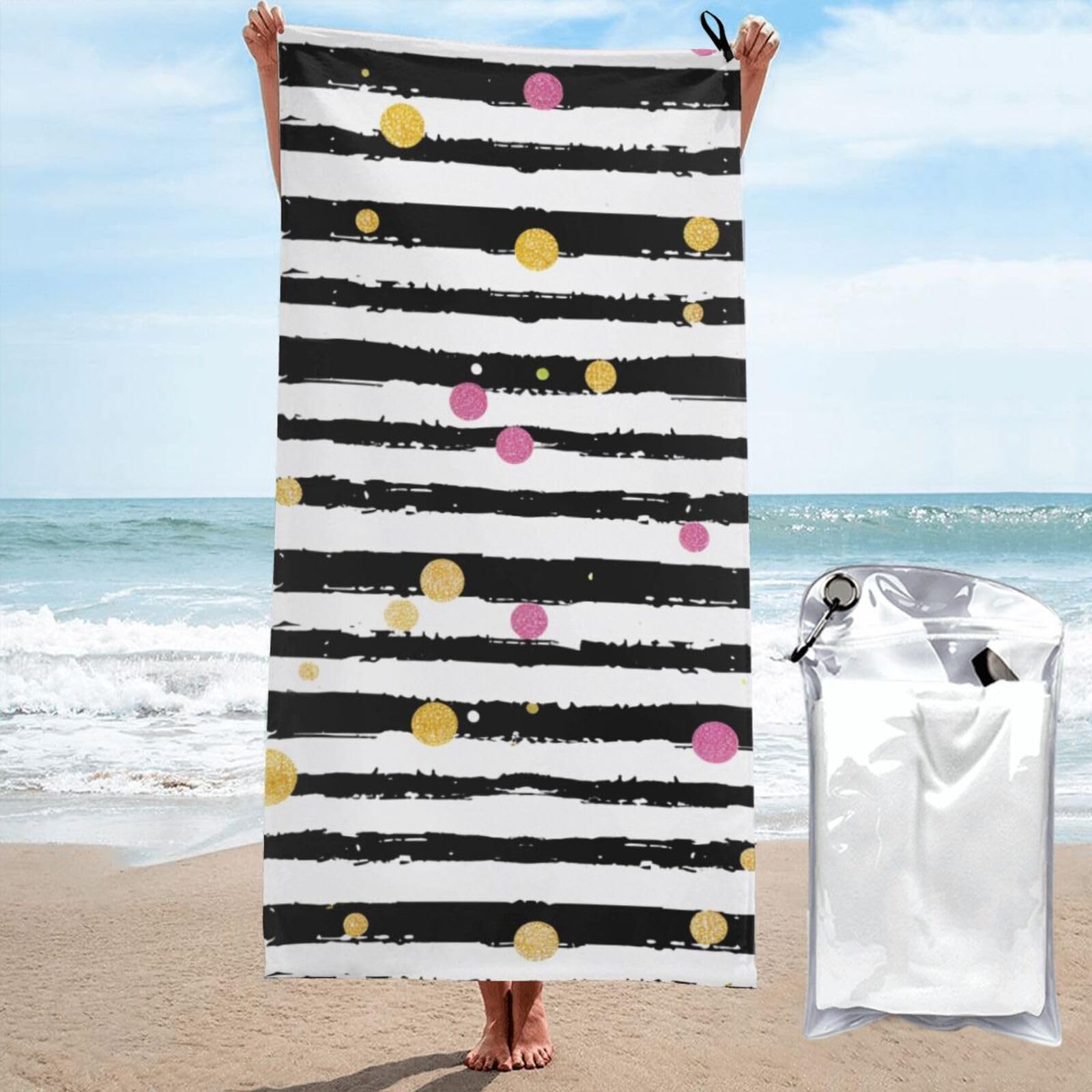 BWWHCCTI Glitter Rainbow Polka Dot Stripe Black and White Printed Microfiber Quick Dry Beach Towel 70x140 CM, Fast Drying Bath Towels with Bags for Travel,Camping,Gym,Beach,Swimming,Yoga