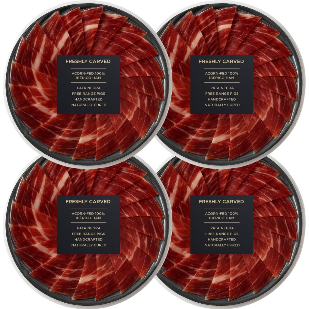 Iberico Acorn-Fed Ham - Sliced Jamon Pata Negra, 3 oz | Premium Spanish Dry-Cured Ham, Gourmet Charcuterie, 100% Bellota, Rich Flavor, Imported Iberian Delicacy (Four Pack, 4, Count)