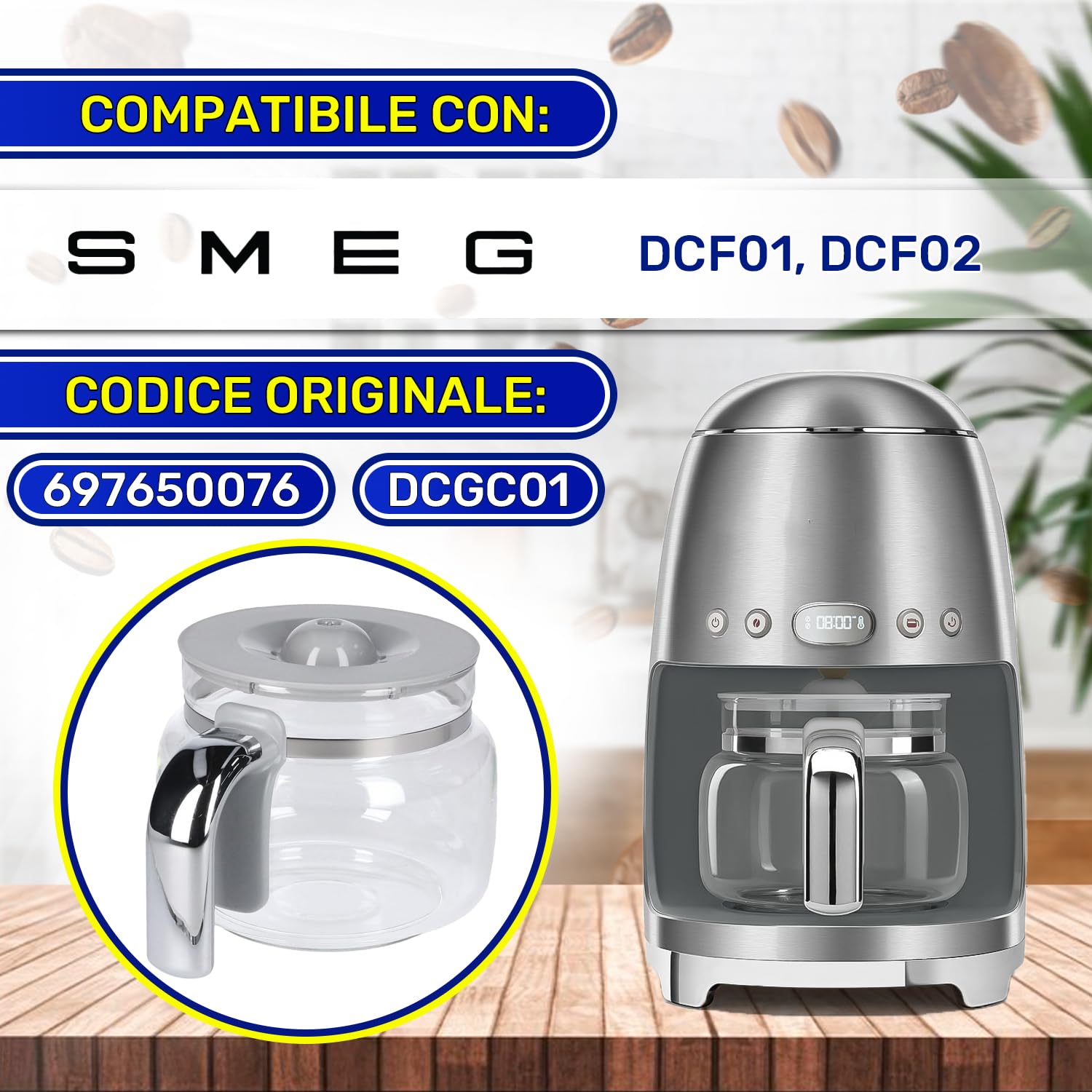 Caraffa Caffe Americano con Coperchio per Macchina Caffe Americano 200x150x130 mm con Codice Originale 697650076 DCGC01 per Smeg - Garanzia di 10 Anni - MONTERAL