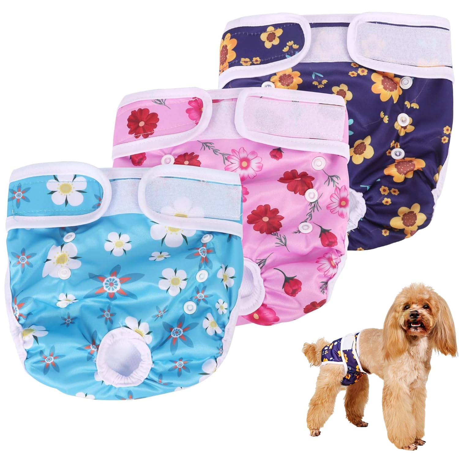 3 Pack Reusable Dog Nappies, Super Absorbent dog diapers, Washable Dog Diapers Puppy Sanitary Wraps Panties for Female Pet, Soft Dog Nappies Wrap Incontinence (M(40-50cm))