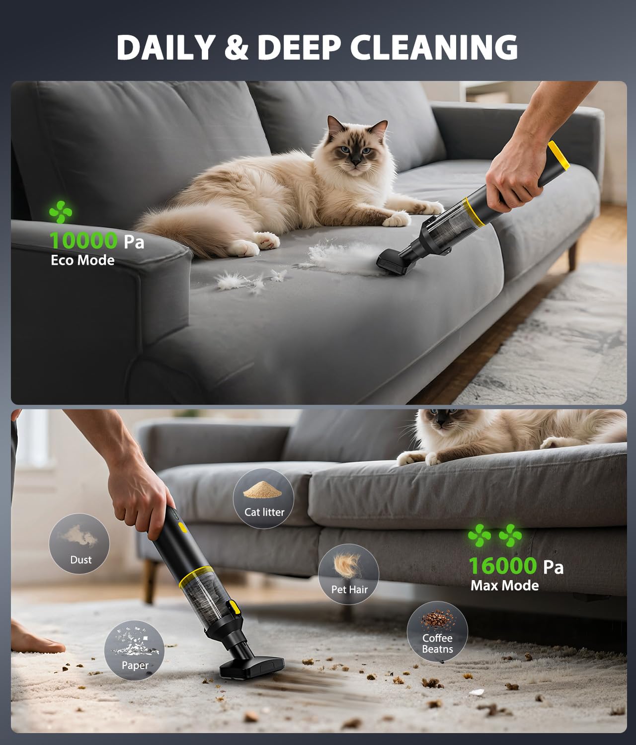 Car Vacuum Portable Cordless Handheld Vacuum Cleaner 4-in-1 Mini Cordless Vacuum with 2 Suction Modes and 16800pa Suction Power Blowing & Inflating 2 Modes Handheld Vacuum for Car, Desk, Keyboards view 5