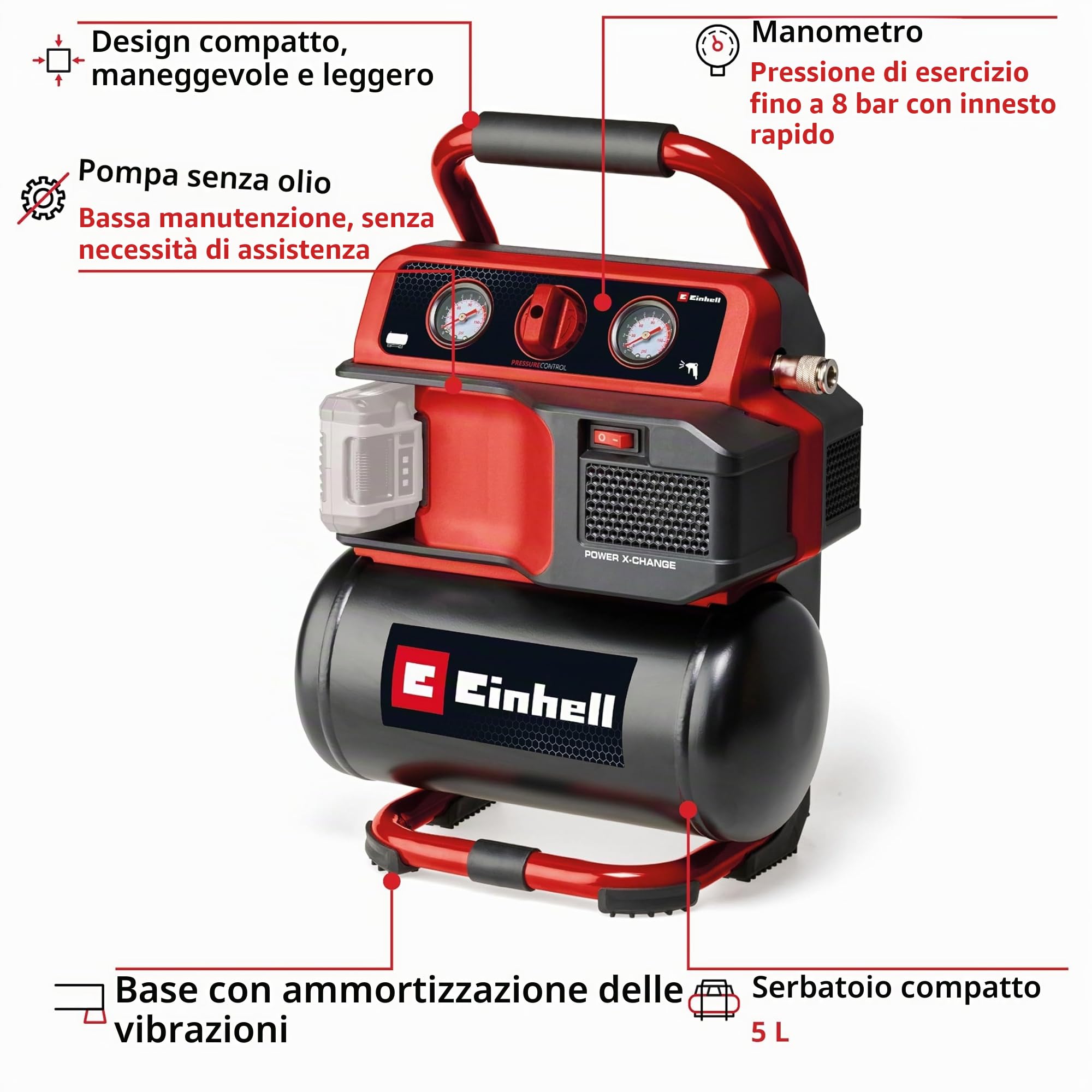 Einhell Compressore TE-AC 18/75 Li OF Solo Power X-Change (18 V, max 8 bar, serbatoio 5 L, senza olio, capacità di aspirazione: 75 l/min, 2 manometri, senza olio, senza batteria)