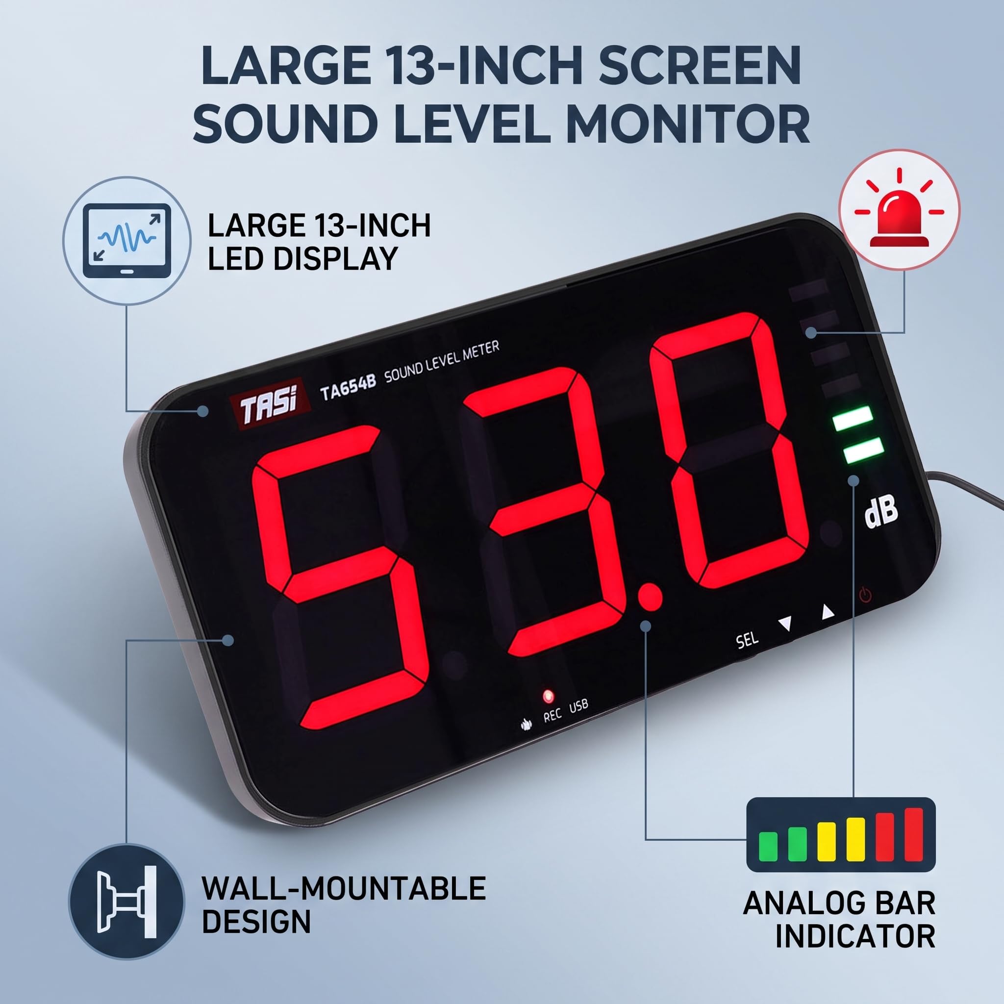 30dB-130dB DC5V 1A Misuratore di Decibel USB TA654B 13in Schermo 3 Cifre Display Misuratore Sonoro Appendente a Parete Lettore di Decibel Digitale con Allarme per il Rumore