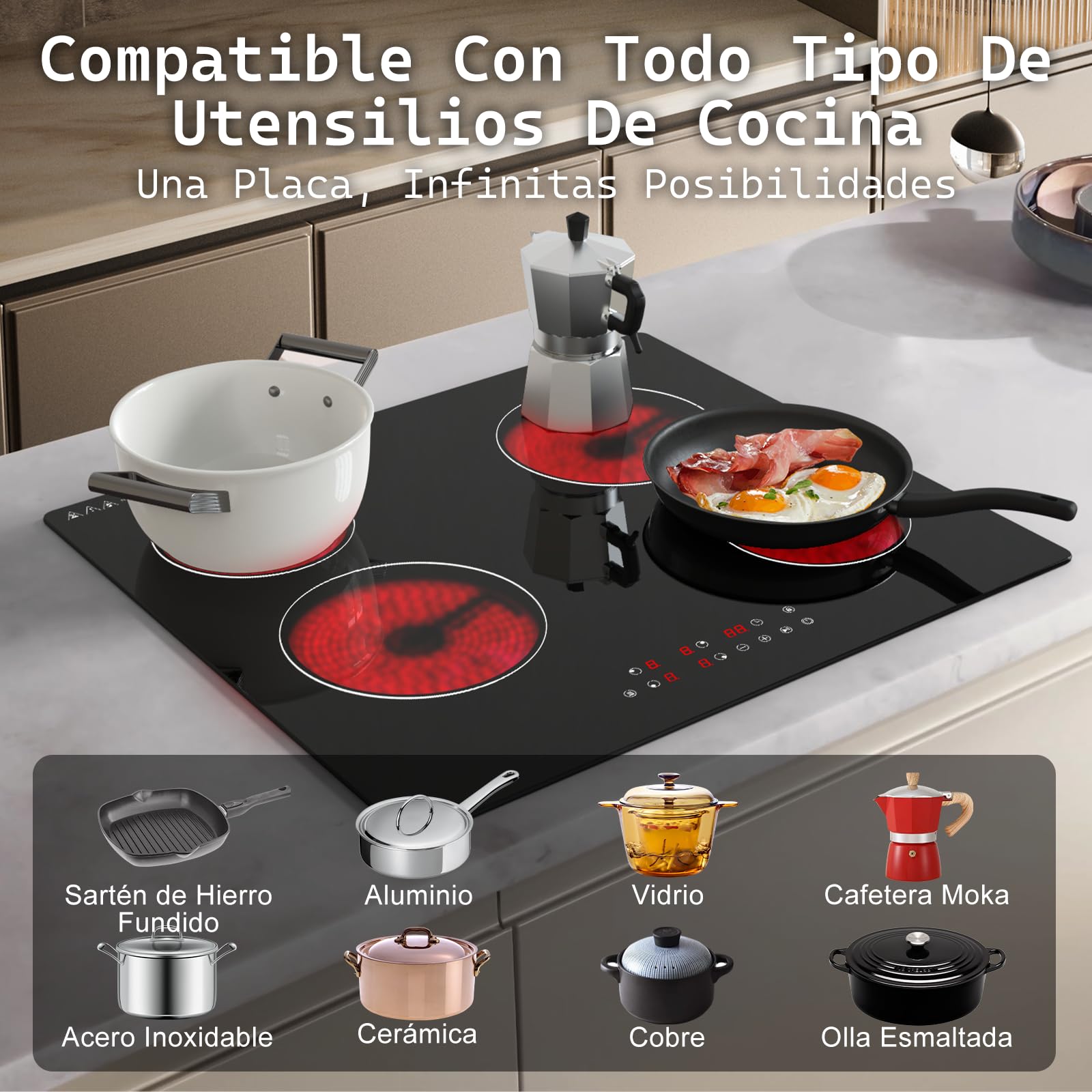 Placa Vitrocerámica Empotrable 60cm 4 Fuegos 6000W Táctil