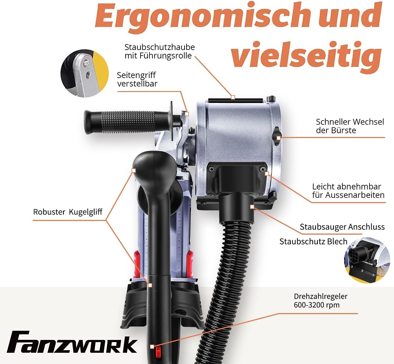 FANZWORK V2 Maszyna satynowa 1500 W do renowacji powierzchni wszelkiego rodzaju, z przyłączem odkurzacza, regulacją prędkości obrotowej, uchwytem kulowym, mosiądzem, nylonem, szczotką do papieru