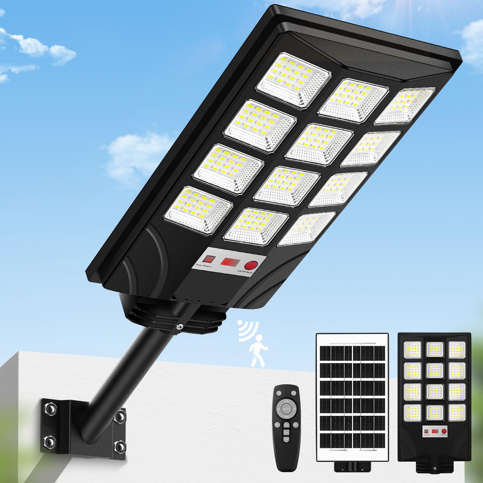 Solar Street Lights Outdoor, Waterproof Motion Sensor Solar Powered Lights with Remote Control, 10000LM 6500K Dusk to Dawn Parking Lot Flood Light with 192 LED Beads for Outside, Garage, Yard, 1-Pack-image-45