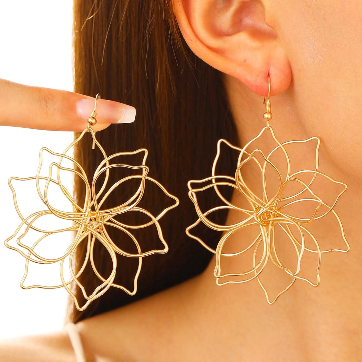 Large Lotus Flower Earrings Gold Hollow Flower Earrings Big Lotus Dangle Earrings Vintage Huge Floral Earrings Exaggerated Flower Drop Earrings Statement Metal Earrings - Image 5
