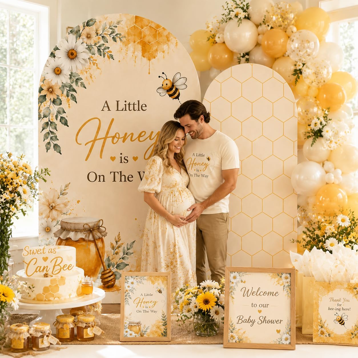 2 Pcs A Little Honey is On The Way Baby Shower Backdrop Cover, 7.2ft 6ft Chiara Arch Wall Cover Single Sided Peach Skin Fabric, Bumble Bee Honeycomb Daisy Floral Theme Birthday Party Decorations image 3