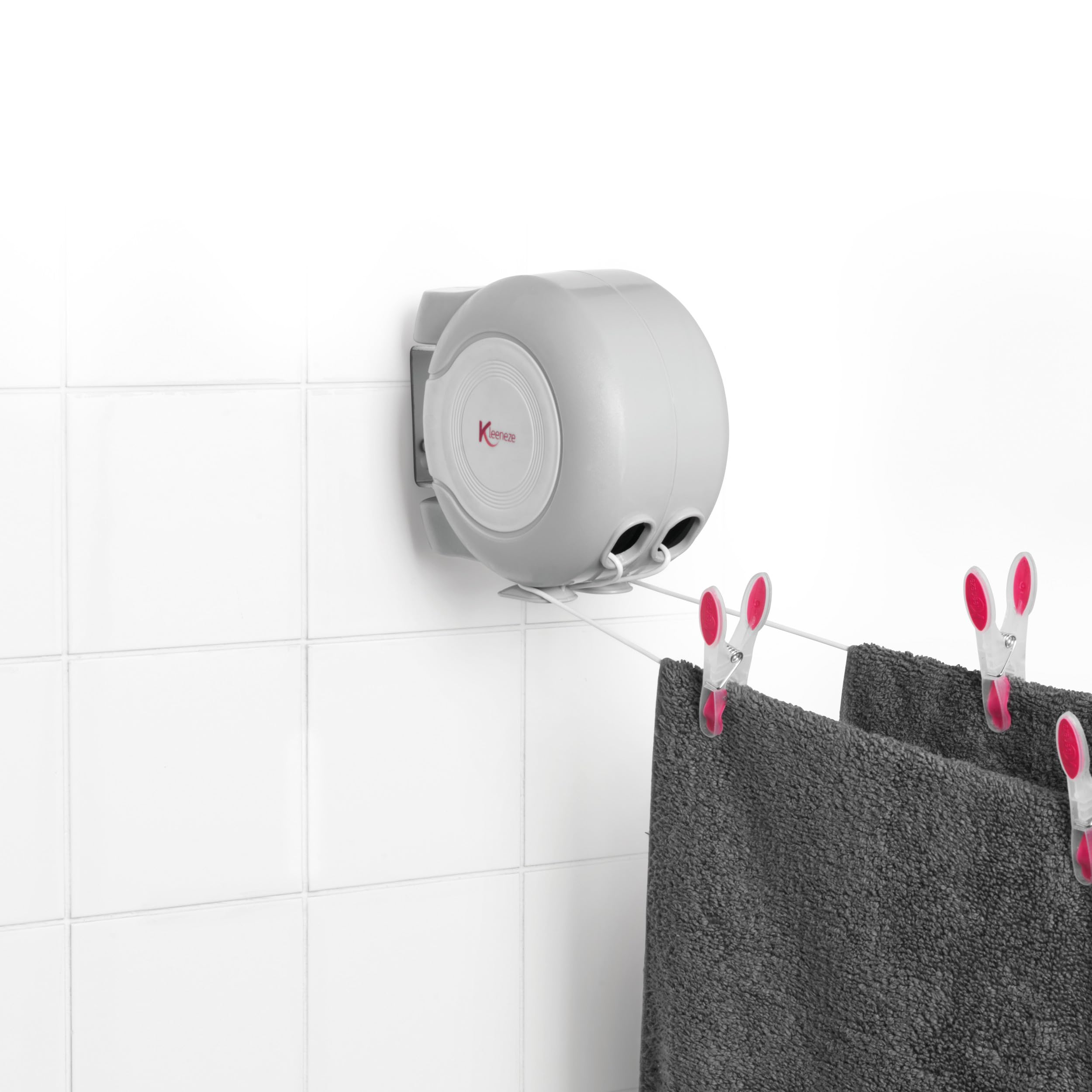 Kleeneze KL064332FEU7 30 Metre Retractable Clothing Line, Wall Mountable Washing Line with a Pivoting Bracket, Durable and Compact Design, Natural Drying Solution, Indoor and Outdoor Use, Grey
