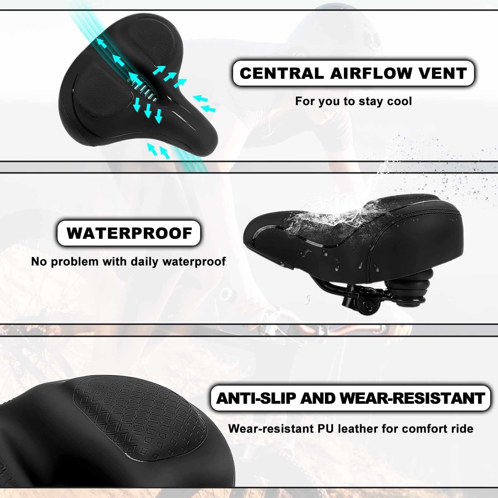 TONBUX Selle Vélo Confortable Hommes et Femmes, Ultra-Large Selle de Vélo Respirante et Confortable Compatible avec Vélo de Urbain, VTT, Peloton