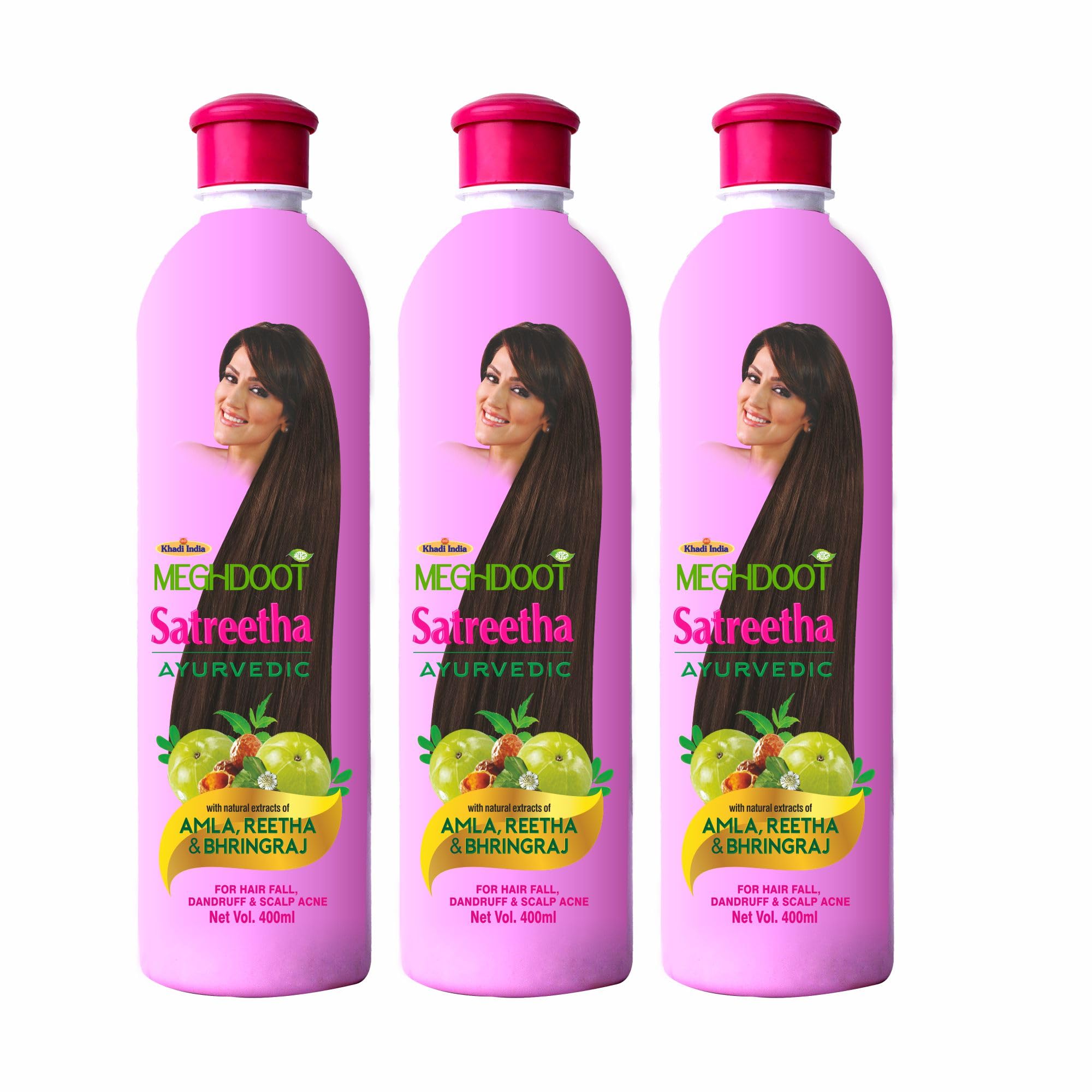 Meghdoot Ayurvedic Satreetha Shampoo Enriched With Extracts of Amla, Reetha and Bhringraj for Hair Fall Control, Dandruff Control, Scalp Acne, 400ml Each, Pack of 3
