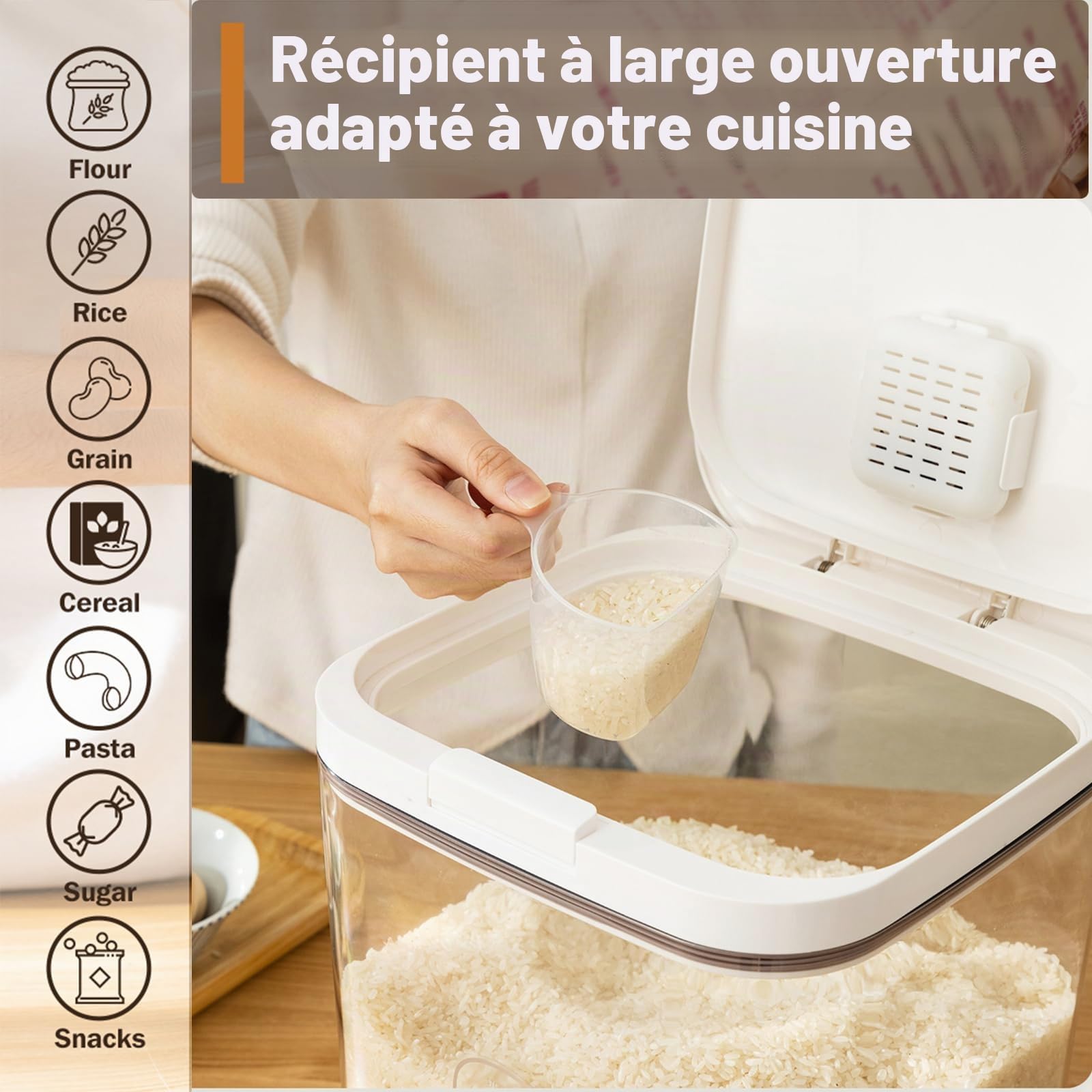 Contenant de Riz 10kg avec Tasse de Mesure, Couvercle Flip-top | Bocuse de Stockage de Farine 11Litres sans BPA, Boîte Hermétique pour le Stockage de Nourriture Sèche pour Cuisine