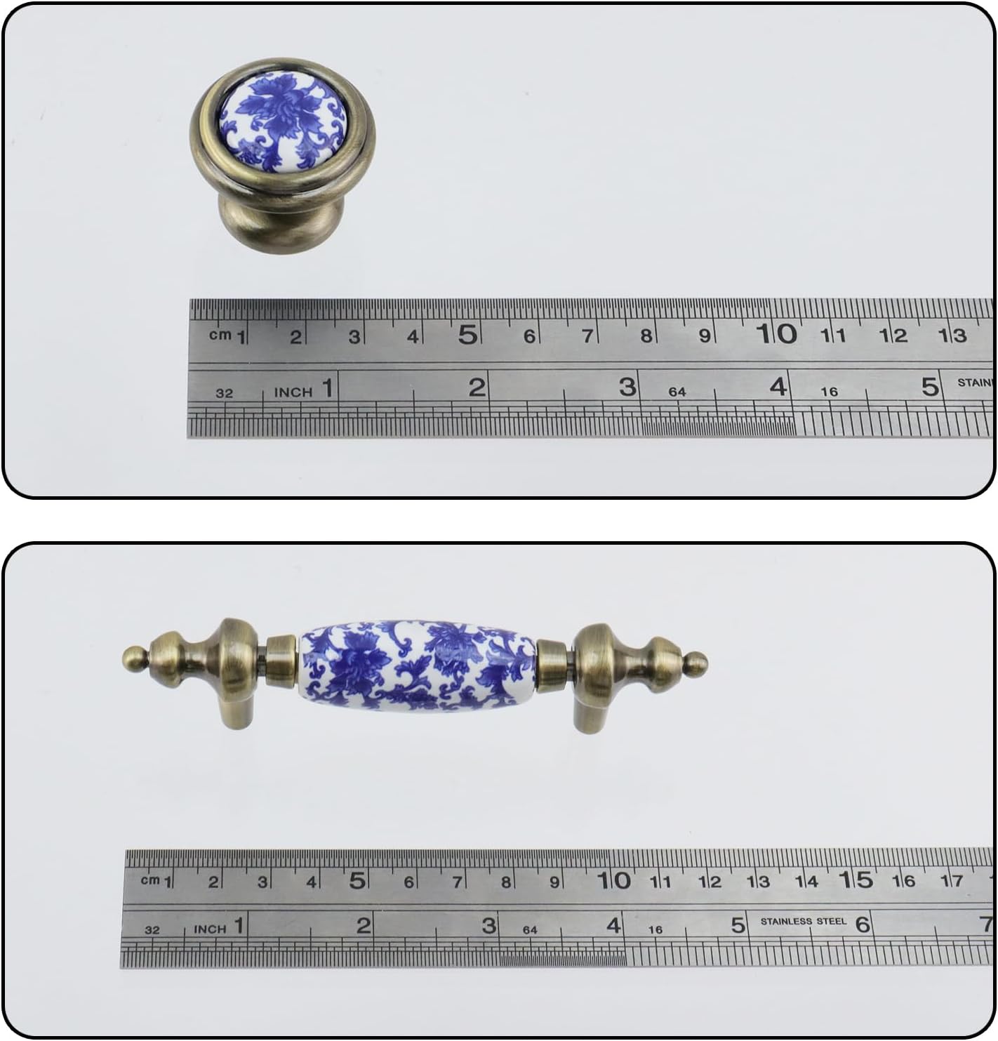 T Tulead Ceramic Drawer Knobs 1.26"×1.06", Cabinet Handle Pulls 3" Hole Centers, Blue and White Porcelain Pulls Handles Knobs Sets, Zinc Alloy Base, 4 Sets with Screws