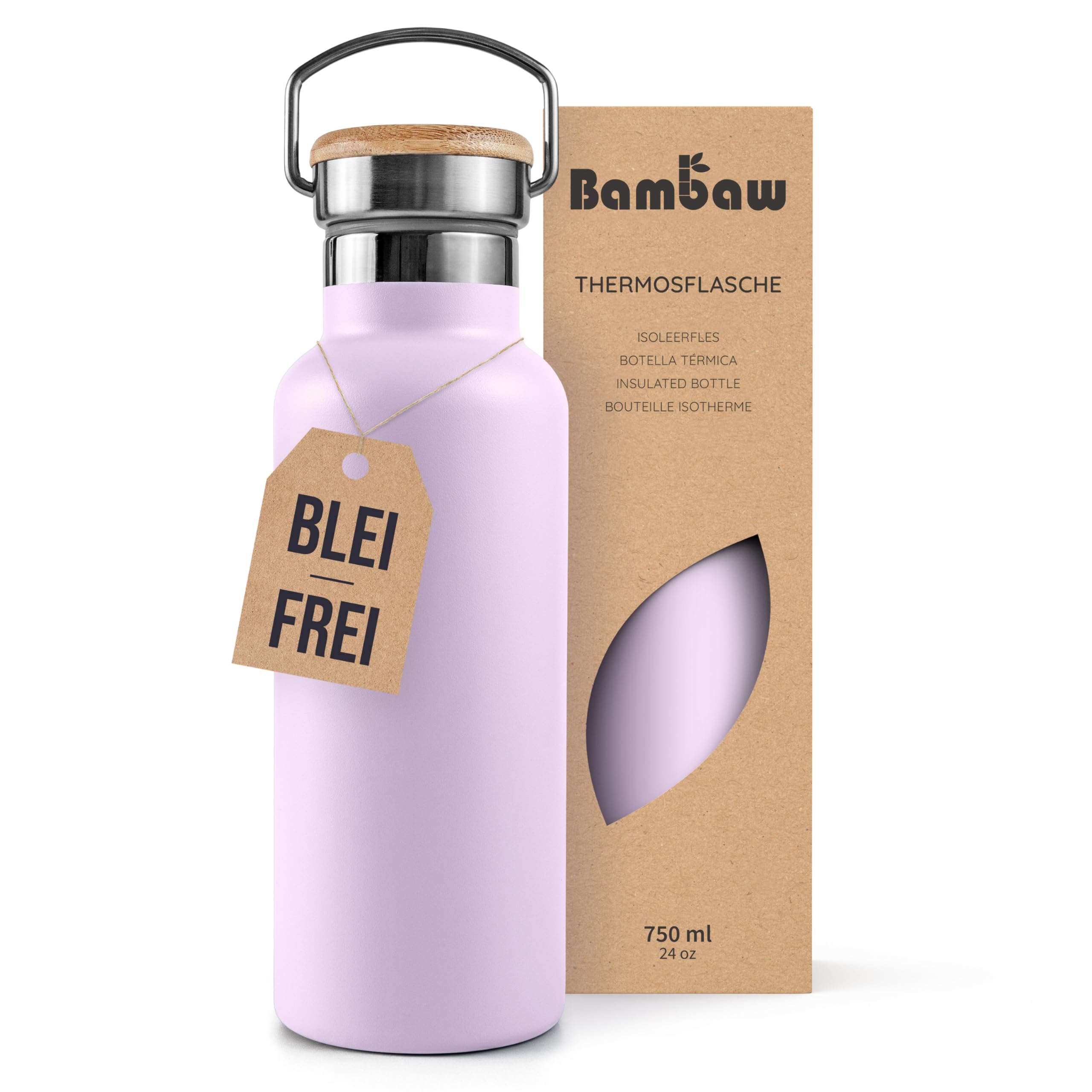 Bambaw Edelstahl Trinkflasche 750ml, Thermosflasche, Wasserflasche 750ml, Aus Qualitätsedelstahl Hergestellt, Mit Griff, Passt in Cupholder, Rostbeständig & Robust (Fliederlila)