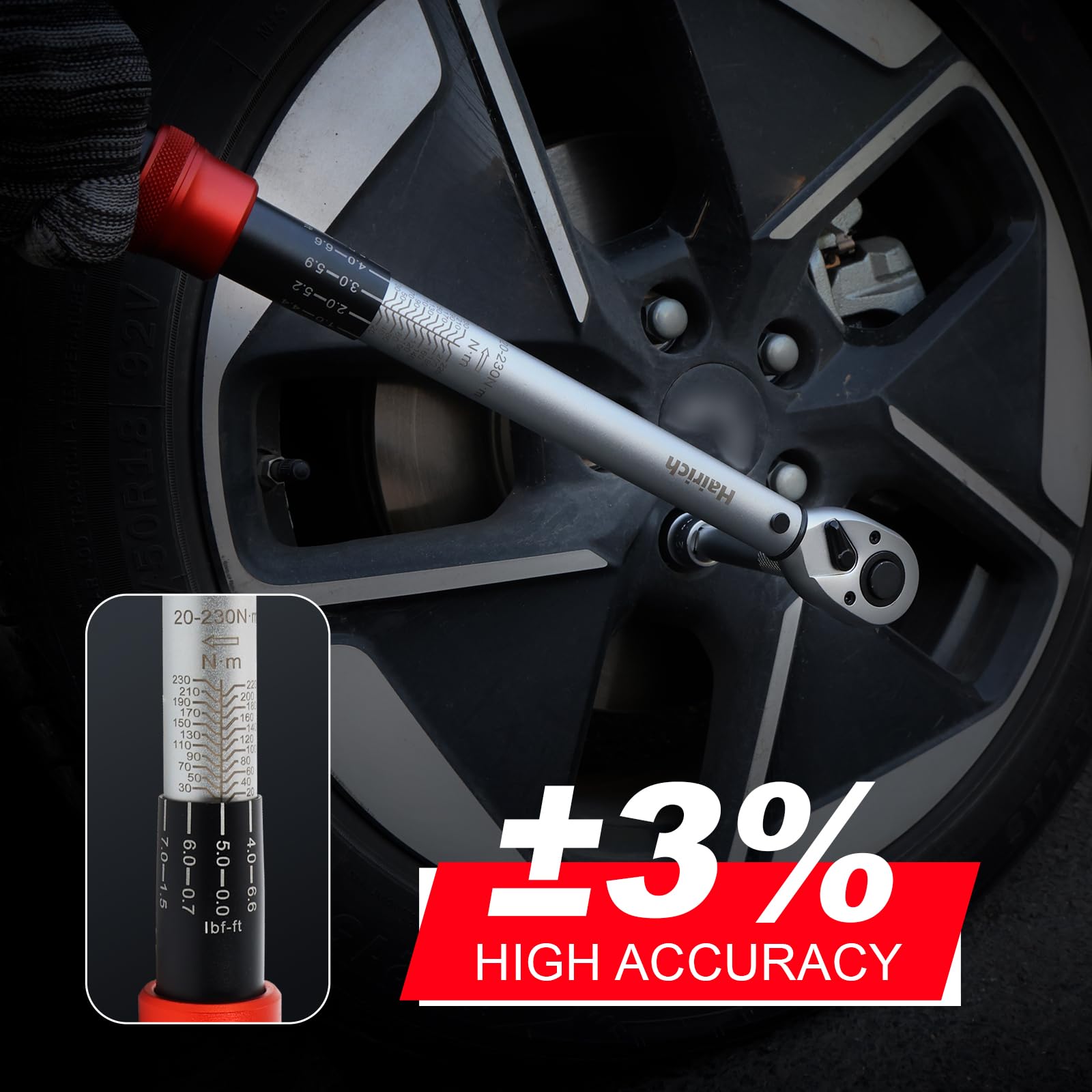 Hairich Drehmomentschlüssel 1/2 Zoll für Auto, 20–230 Nm, Torque Wrench 5-tlg. Set mit Verlängerung & Stecknüssen (17/19/21 mm) – für Reifenwechsel & Motorrad - 3