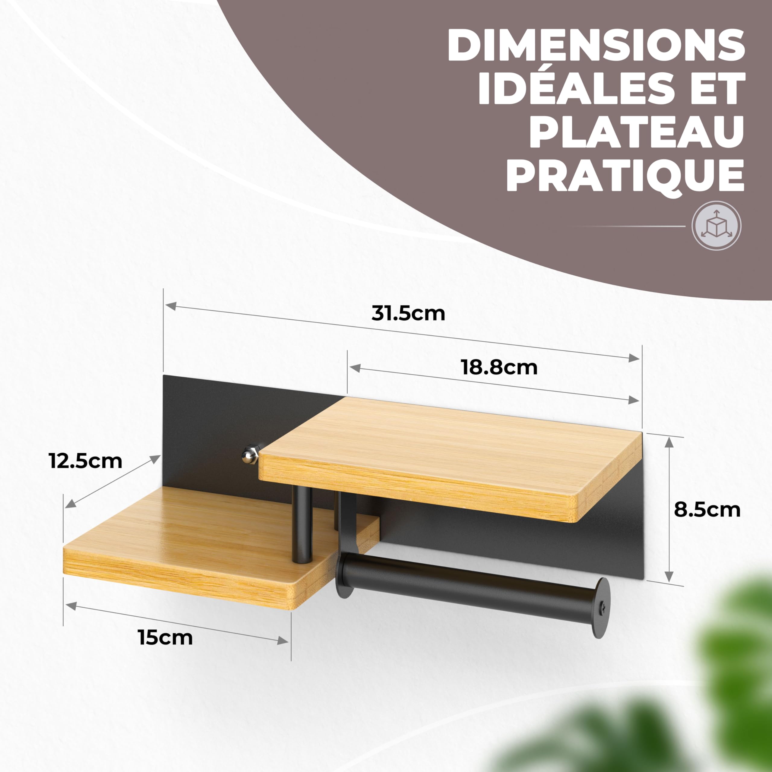 ElbFuchs® Porte Papier Toilette Mural en Bois de Bambou [sans PERCAGE] | Derouleur Papier Toilette de Haute qualité avec étagères | Noir | Porte Rouleaux de Papier Toilette