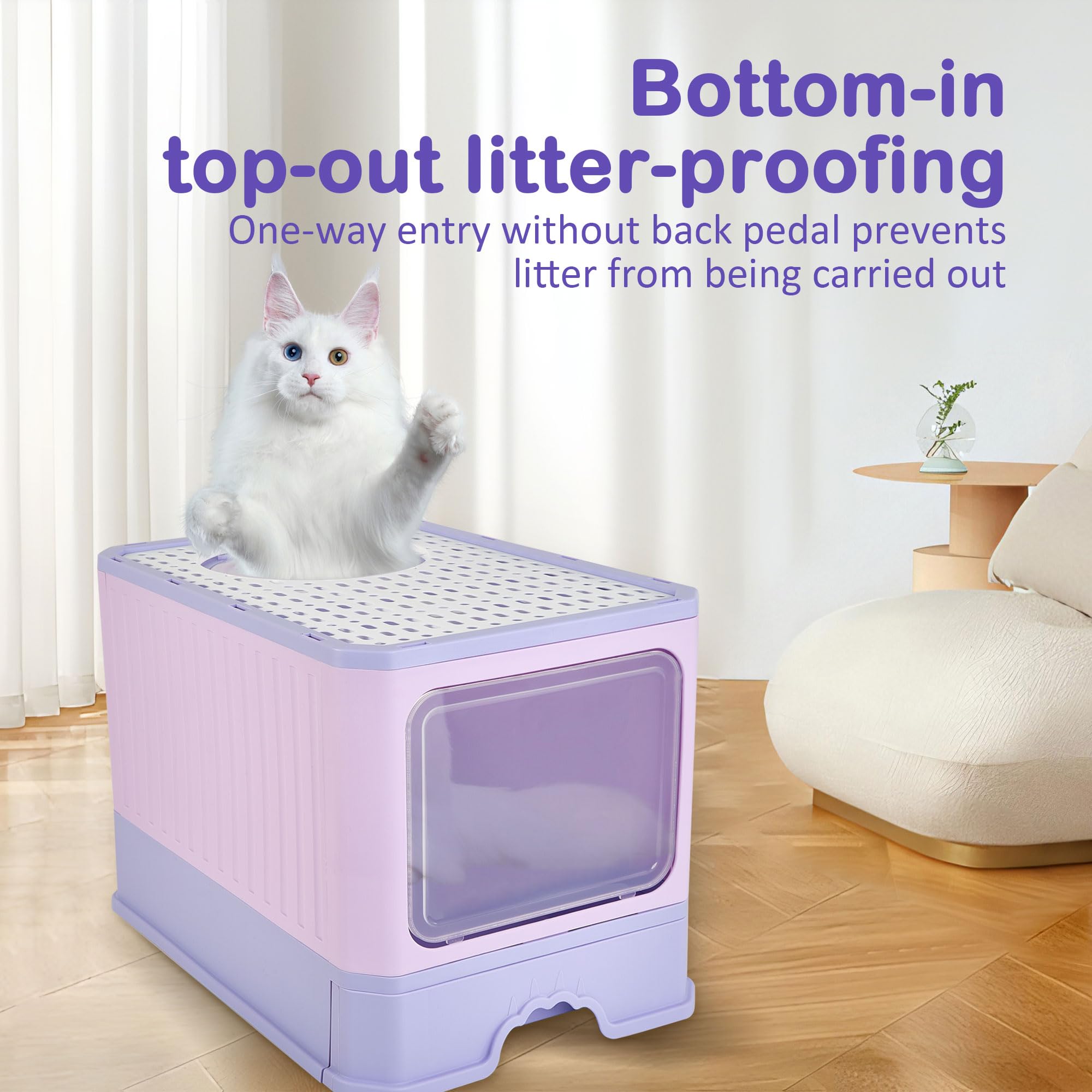 Cat Litter Box with Scoop, Large Foldable Litter Box with Lid, Front Entry Top Exit Kitty Box, Odor Control, Easy to Clean (Purple)