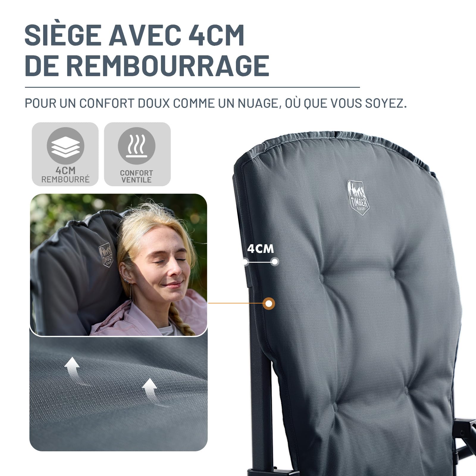 TIMBER RIDGE Chaise de Camping Pliable Rembourrée Siège Large Charge 230kg | Fauteuil pliant rembourrage 4cm, siège extra-large de 62cm, dossier haut de 68cm, charge 230kg, avec sac de transport