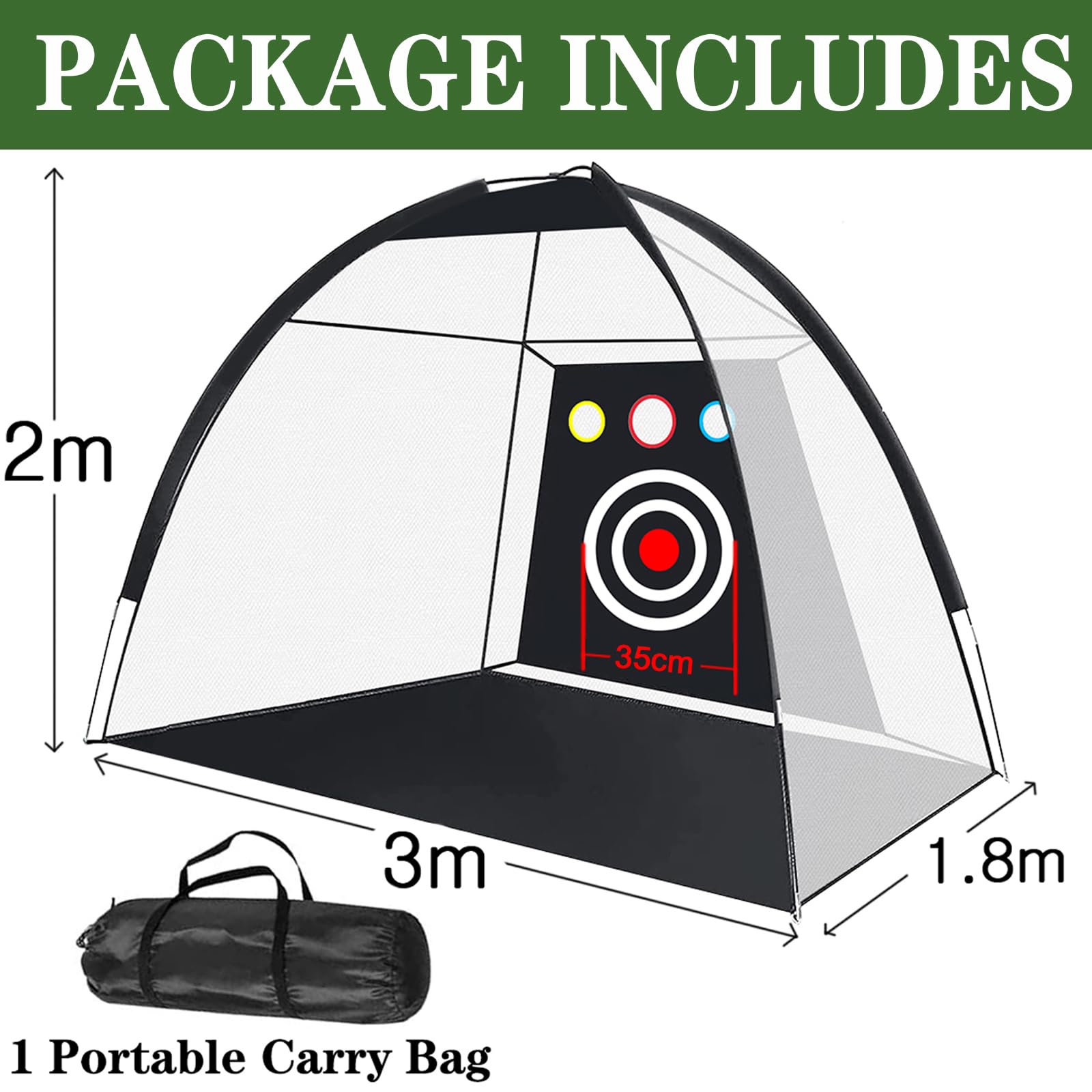 Filet de Golf Practice 3M avec 3 Pièces 2,25 2,75 3 Tés Tees en Caoutchouc et Tapis 60x30cm, Entraîneur de Swing Filets d’Entraînement pour Jardin Intérieur Extérieur