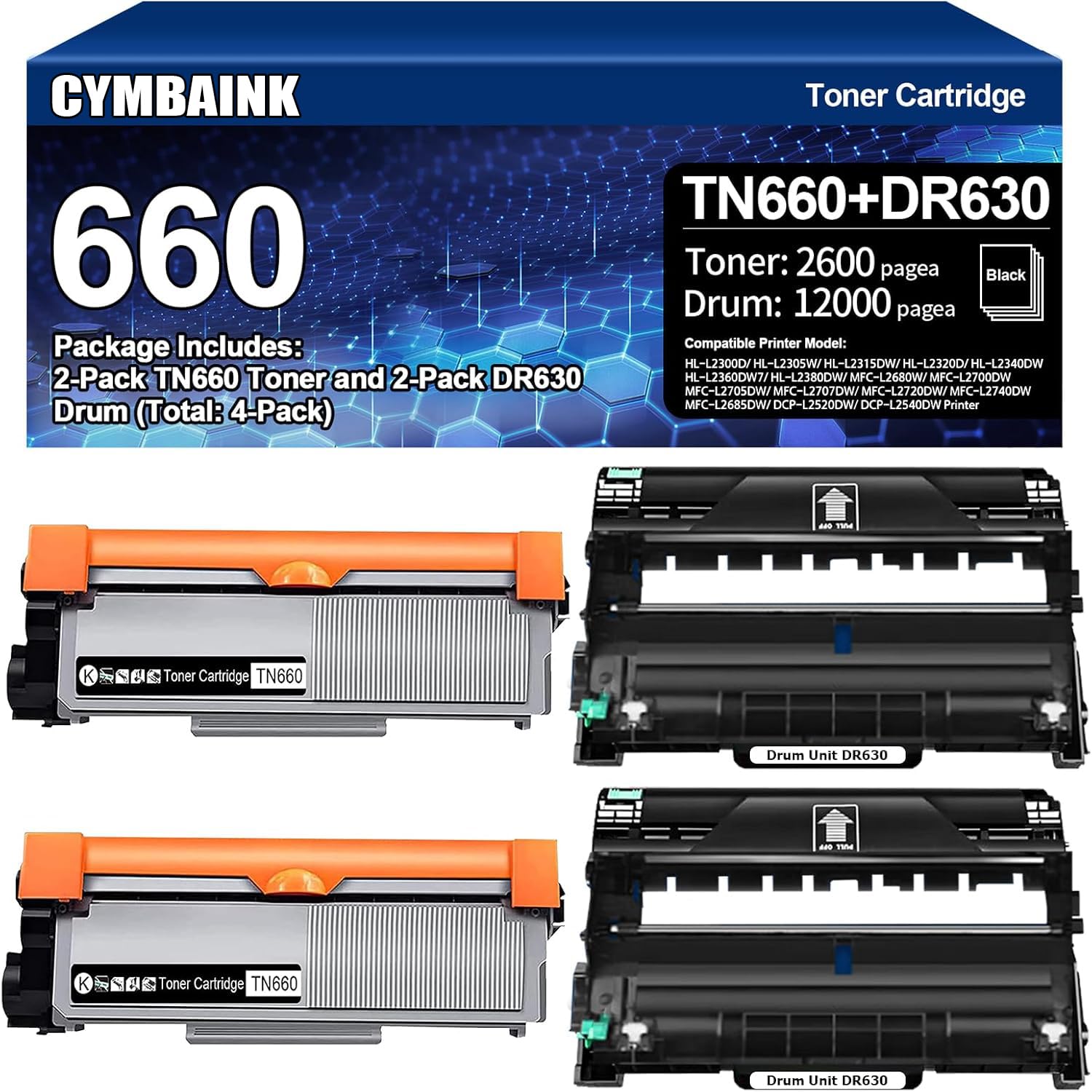 15,000 pages per tn660 Compatible Toner Cartridge &amp; Drum Unit Replacement for Brother TN660 TN-660 TN630 DR630 Work with HL-L2300D HL-L2360DW DCP-L2520DW MFC-L2700DW MFC-L2740DW Printer (Black, 2 Set)