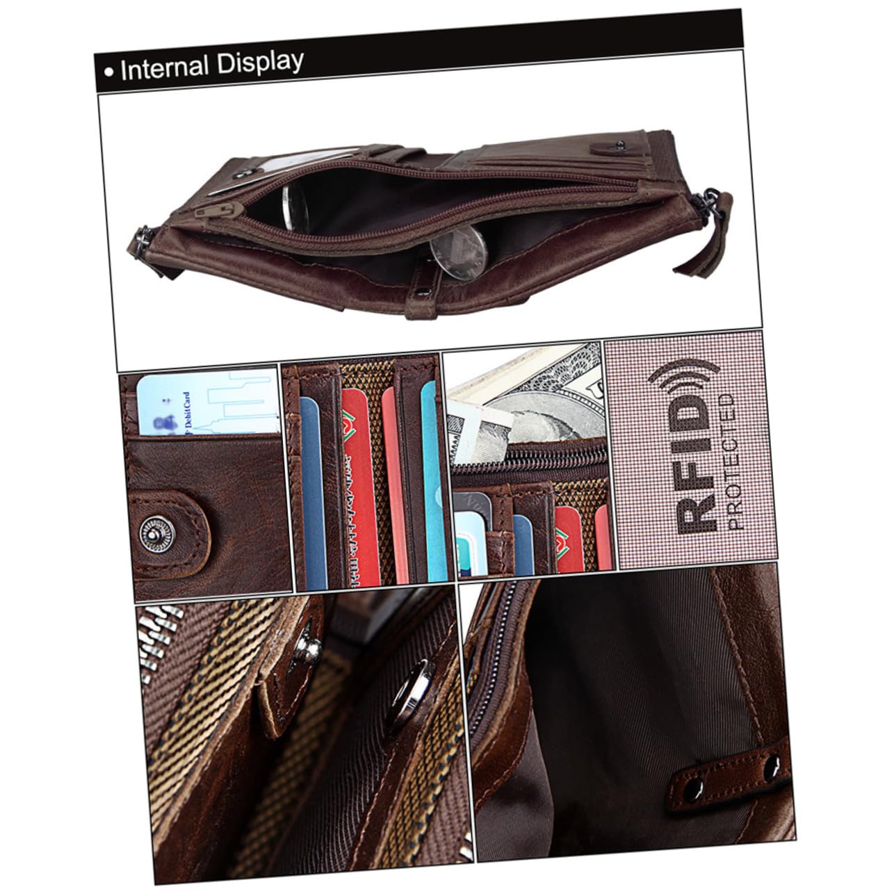 Abaodam Portafoglio Uomo in Pelle con Cerniera Rfid Antifurto Multifunzione e Capiente Porta Carte e Monete Stile Corto Marrone Rosso
