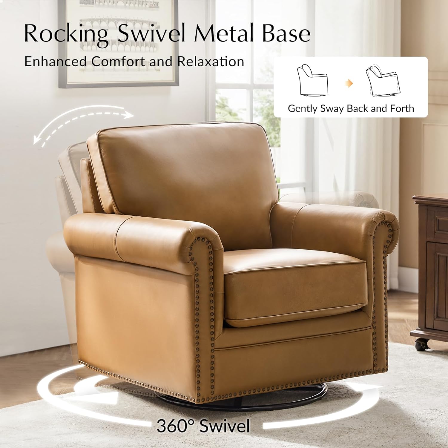 HULALA HOME Genuine Leather Swivel Rocker Chair, Swivel Rocking Barrel Chair with Nailhead Trims, Traditional Leather Accent Chair for Living Room, Easy Assembly, Camel