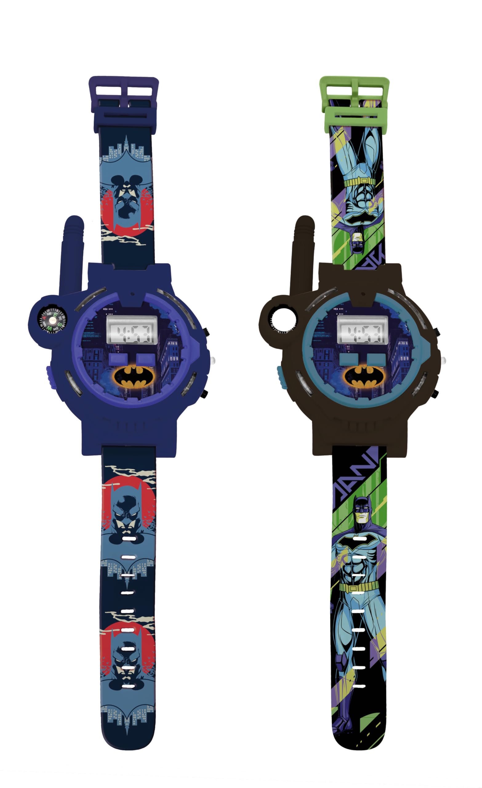 LEXIBOOK, Batman, Walkie-Talkie watches, 2 pieces, Range up to 200m, Flashlight, Compass, Rechargeable, Black/Green and Blue/Red, DMWTW1BAT