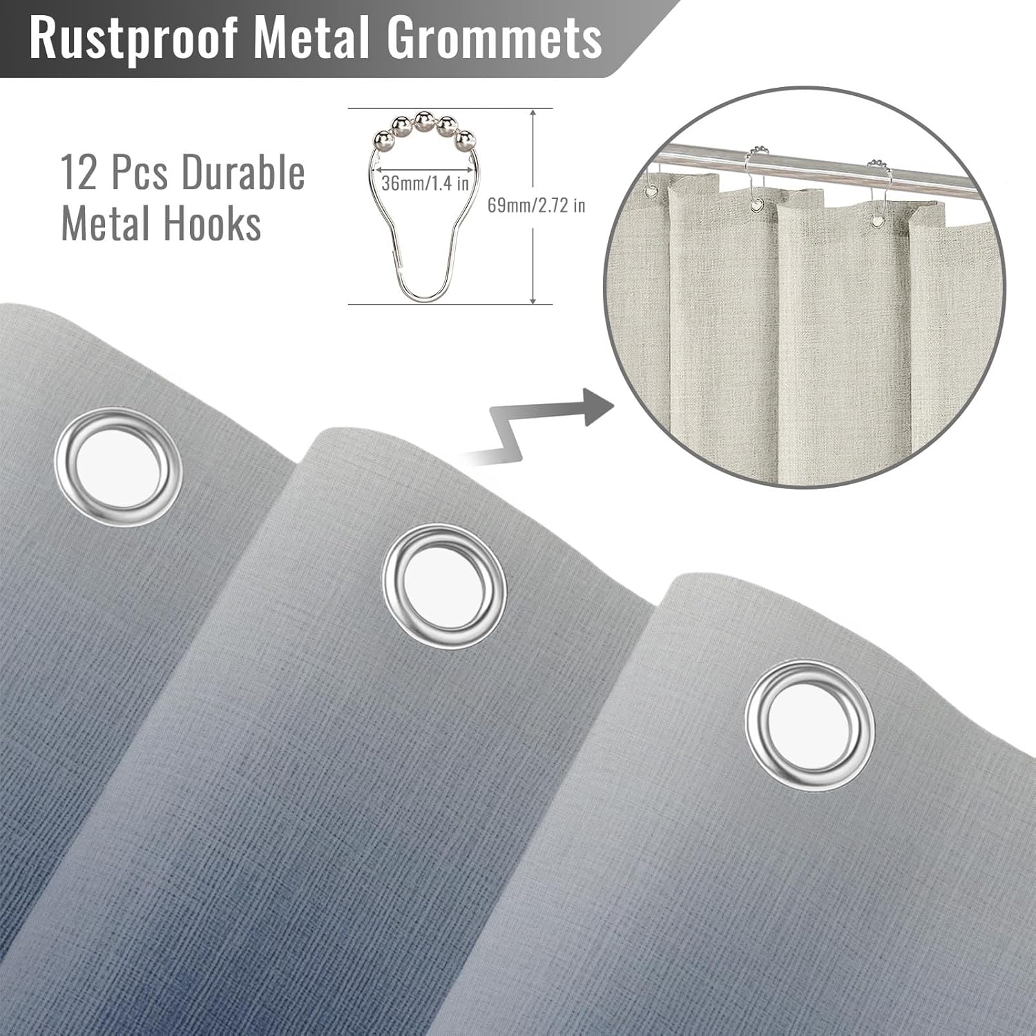 Emvency Boho Farmhouse Navy Blue Ombre Tassel Shower Curtain Set, Modern Bohemian Minimalist Neutral Linen Fabric Cloth Shower Curtains for Bathroom Decor 72 x 72 Inches with Upgraded Metal Hooks