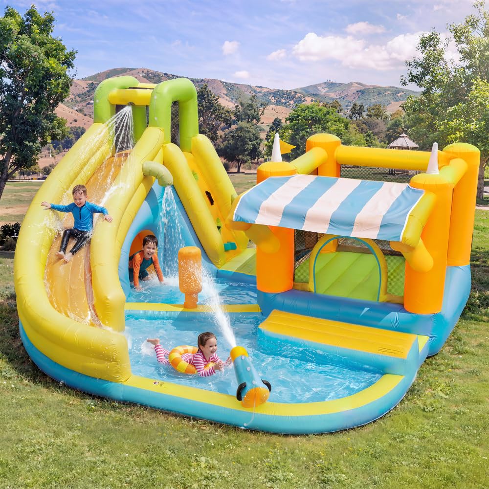Castillo Hinchable con tobogán acuático y Piscina, Castillo Hinchable de Juegos acuáticos para Exteriores, Parque Infantil acuático con Ventilador, Juguete Hinchable Grande para niños (433x375x165cm)