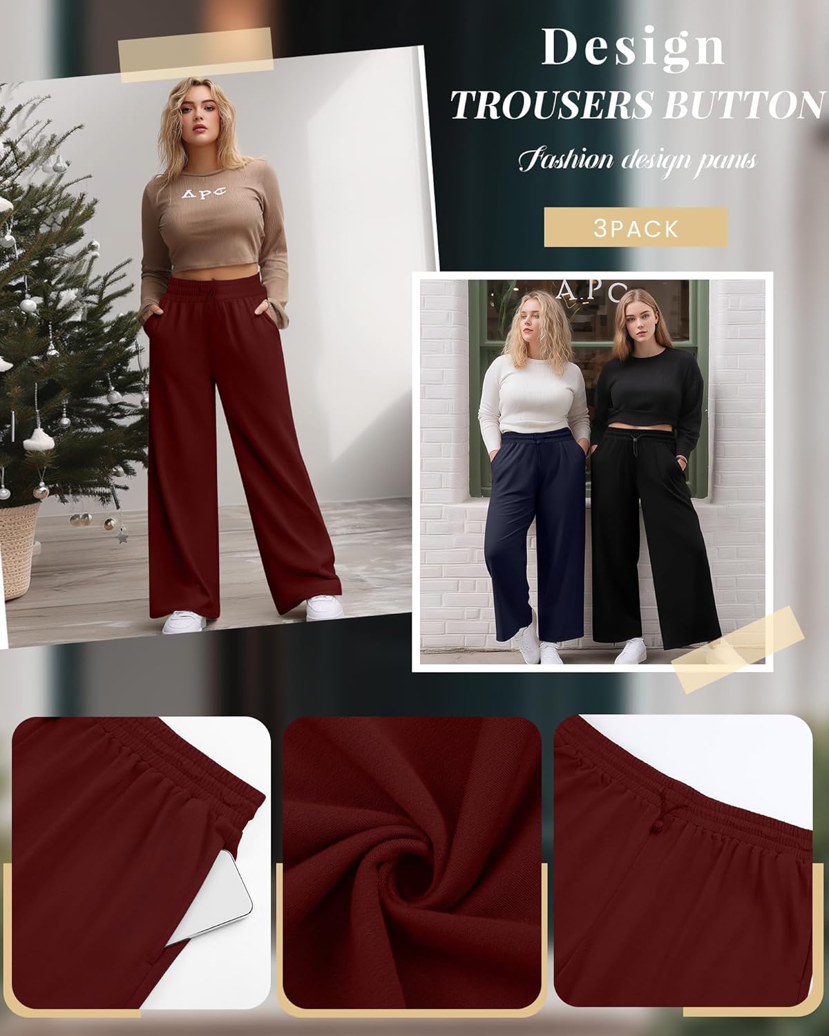 3 Pack Womens Plus Size Sweatpants Wide Leg Elastic High Waist Baggy Joggers Lounge Yoga Workout Pants with Pockets - Image 3